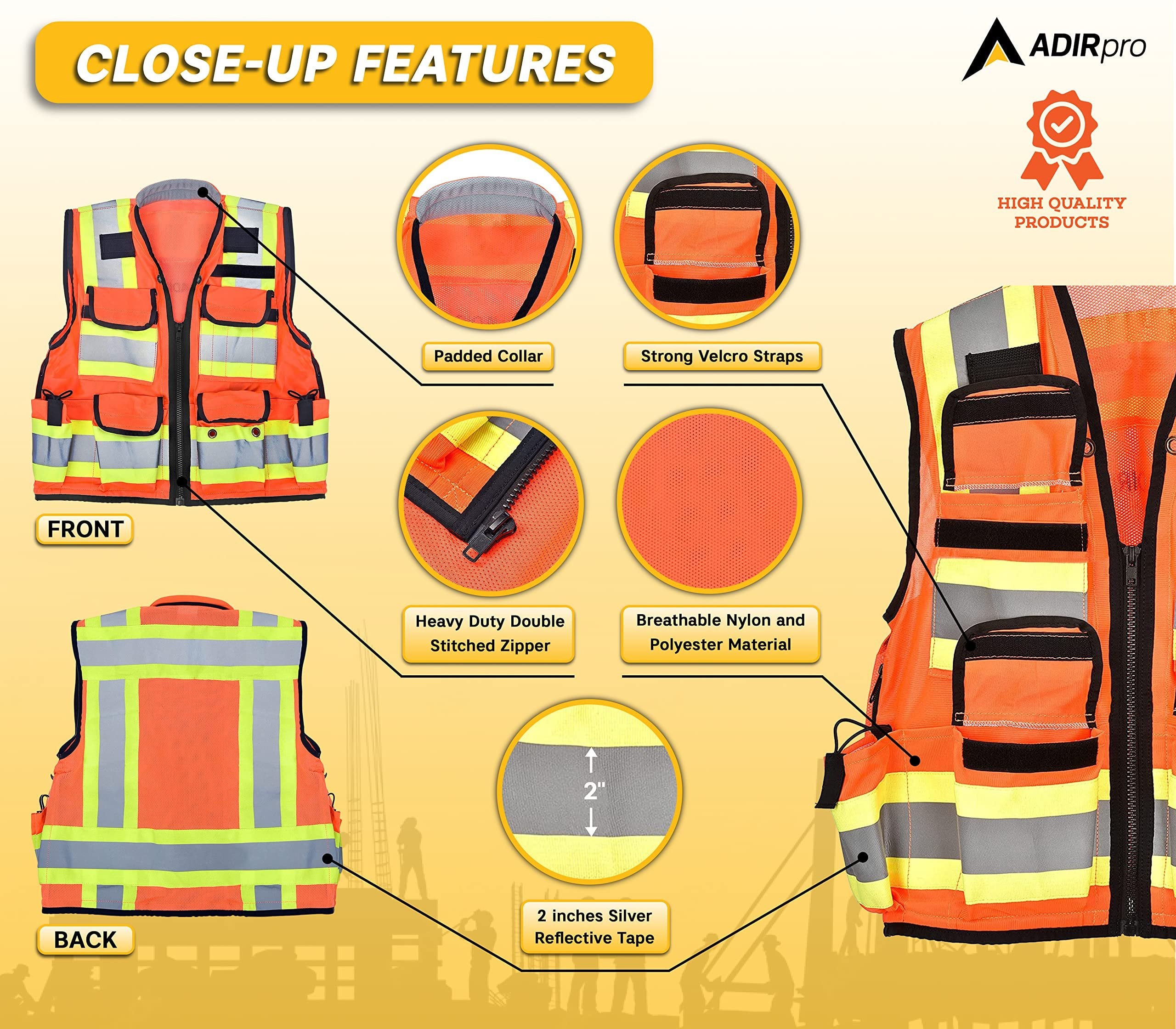 AdirPro Surveyor Safety Vest with Pockets - High visibility Reflective Construction Vest for Men - Class 2 Heavy Duty Vest ANSI Complaint for Contractors, Surveyors, & Foreman Safety Vest (Orange, Medium)