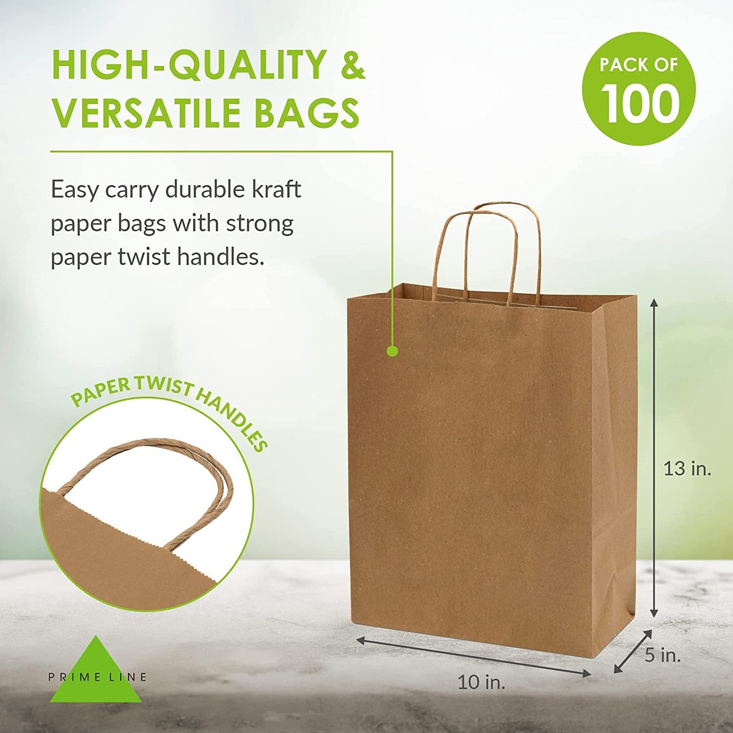 Brown Paper Bags with Handles - 10x5x13 inches 100 Pcs. Paper Shopping Bags, Bulk Gift Bags, Kraft, Party, Favor, Goody, Take-Out, Merchandise, Retail Bags, 80% PCW Debbie Size Medium Large