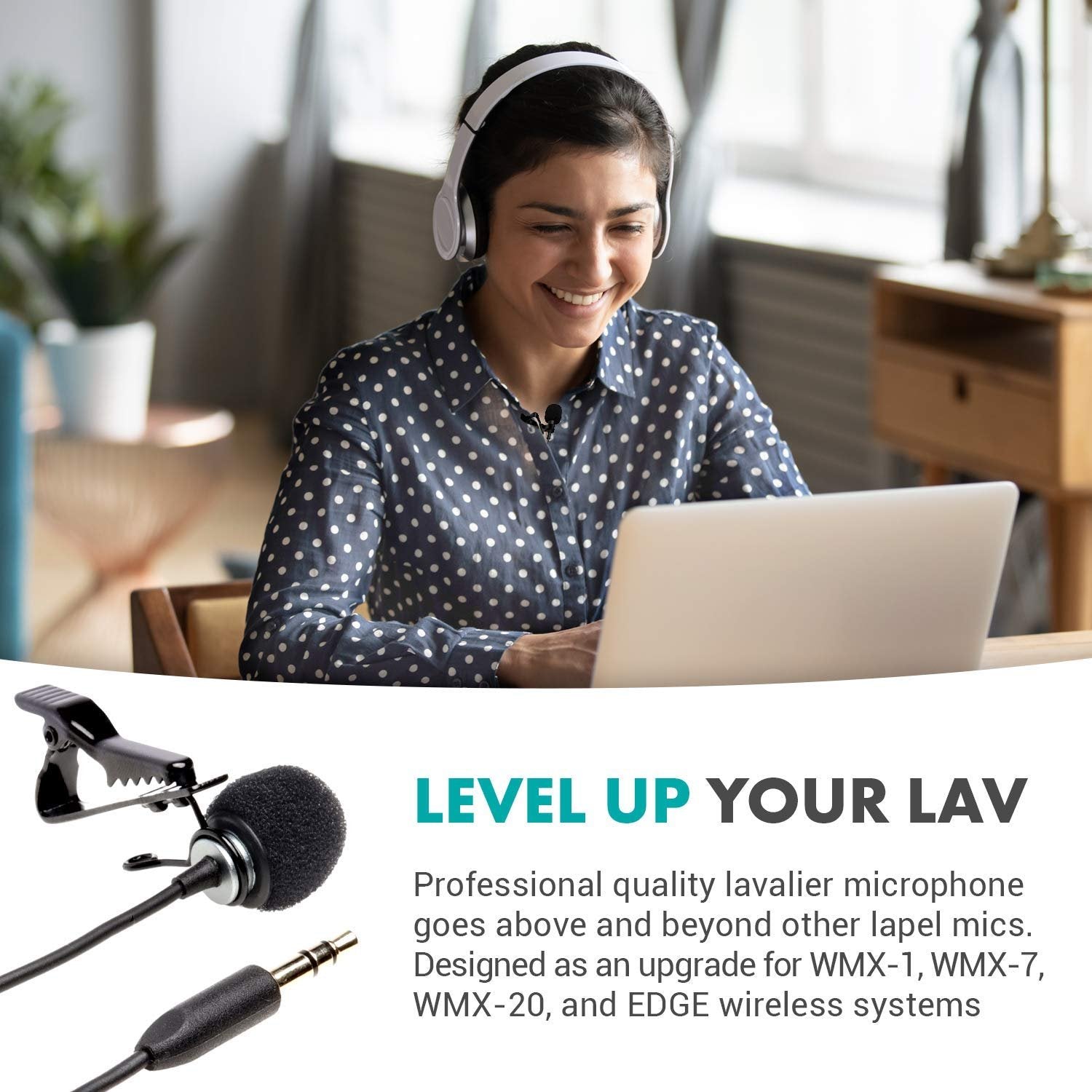Movo WMX-LAV Lavalier Microphone for the WMX-1, WMX-7, WMX-20 and EDGE Wireless Systems - Lav Mic with 75" 3.5 TRS Cable - Perfect Lapel Mic for Interviews, Live Events, Vlogs, Video and Film