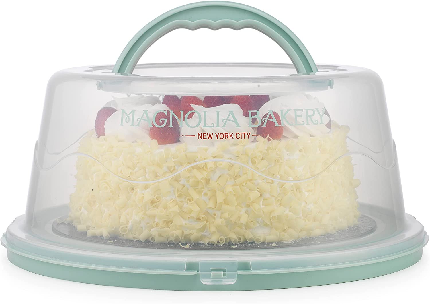 MosJos Round Cake Carrier, BPA-Free Plastic Cake Keeper with Lid, Fits 10” Cakes, Two Secure Side Closures, Dishwasher Safe Cake Transport Container
