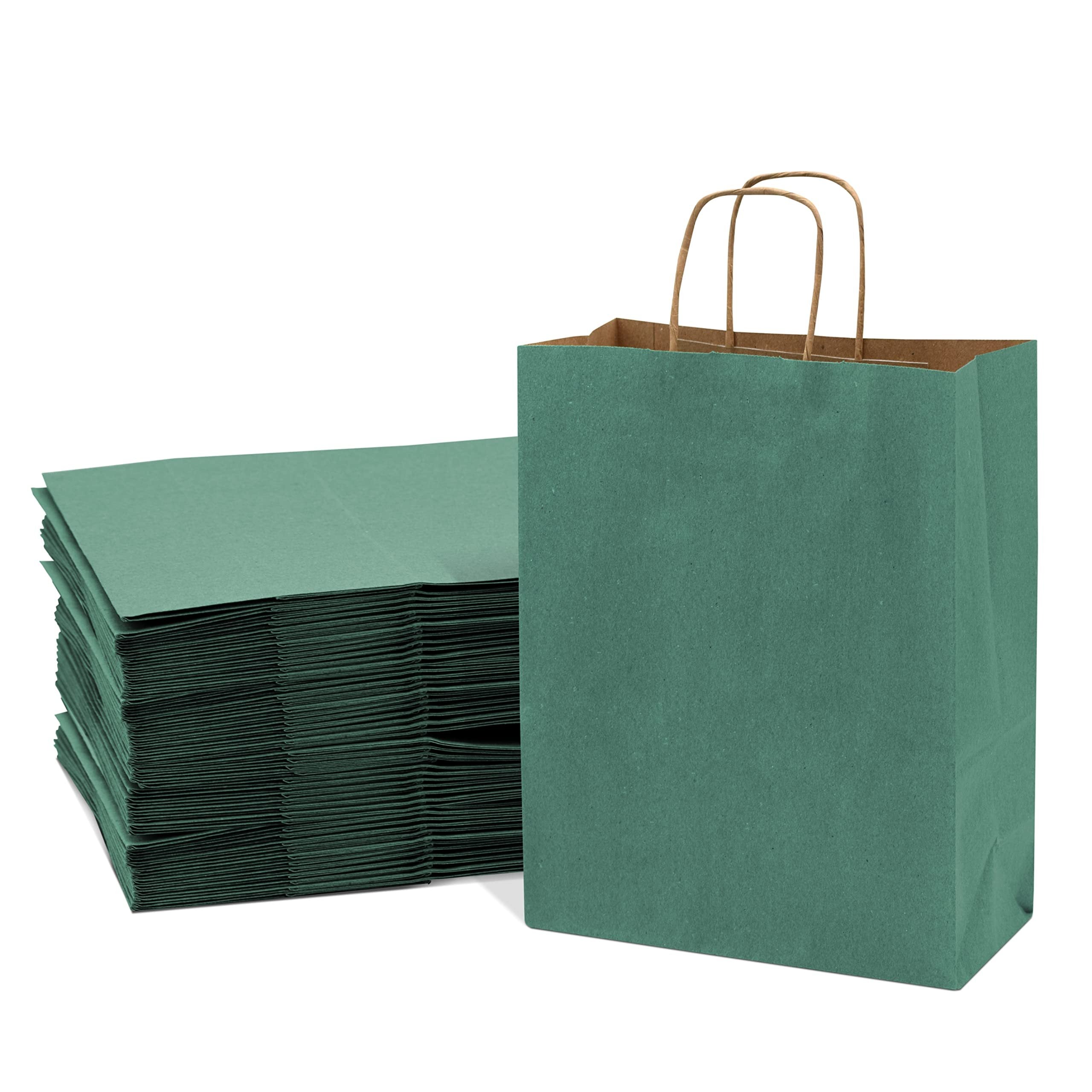 Prime Line Packaging Green Gift Bags - 10x5x13 Inch - 50 Count Pack Medium Kraft Paper Bags with Handles, Perfect for Boutiques, Small Business, Retail Stores, Birthdays and More!
