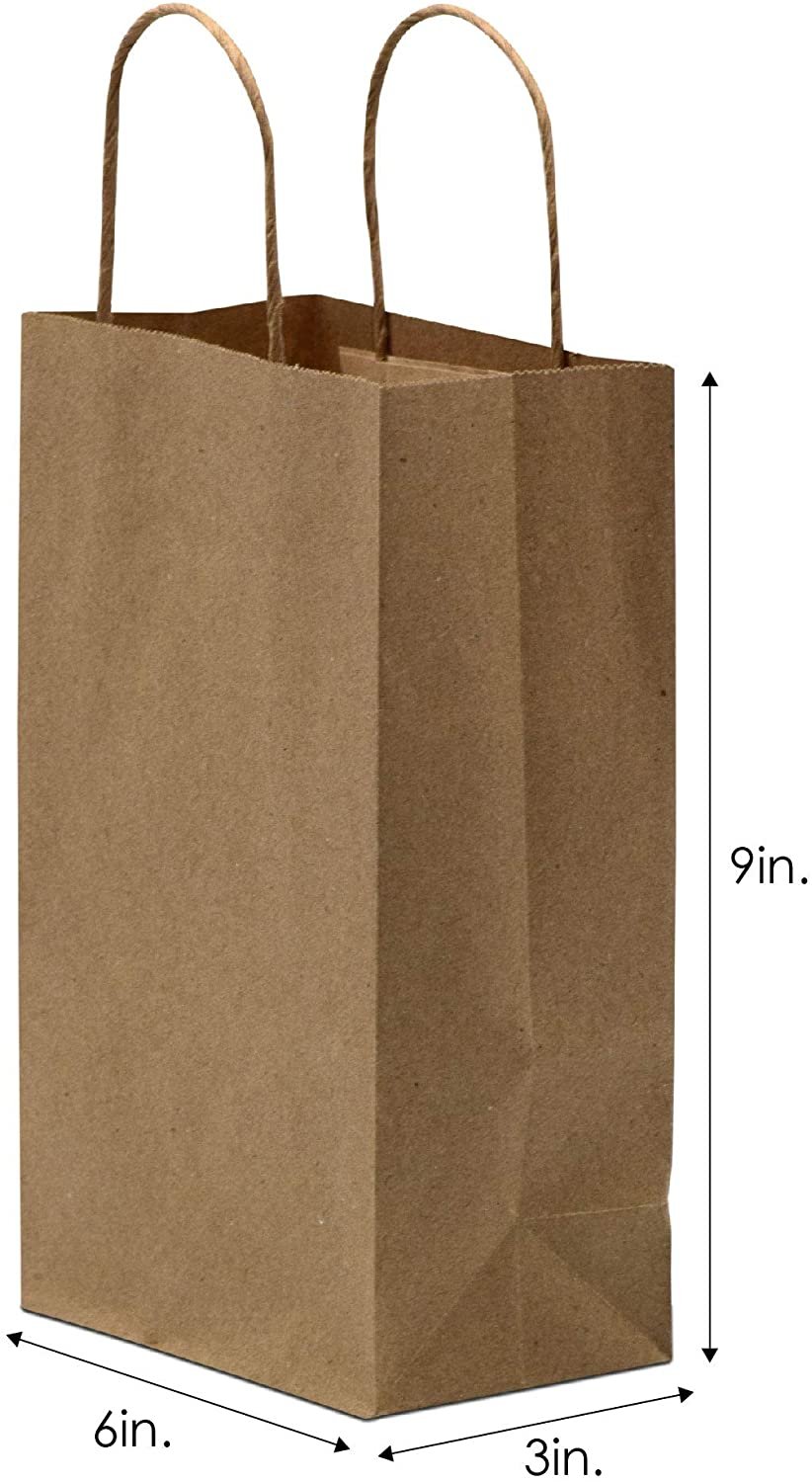 Small Brown Paper Bags with Handles - 6x3x9 Inch 100 Pack Kraft Shopping Bags, Craft Totes for Boutique, Gifts, Small Business, Retail Stores, Birthday Parties, Restaurants, Take Out, Merchandise Bulk