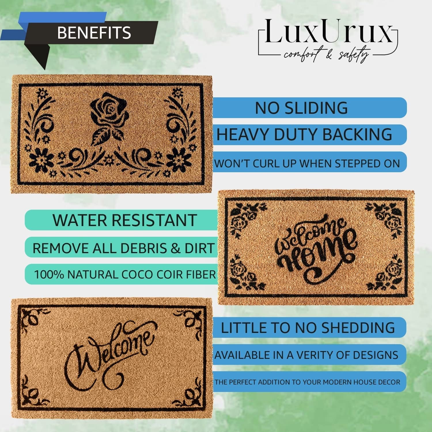 LuxUrux Welcome Mats Outdoor Coco Coir Doormat, with Heavy-Duty PVC Backing - Natural - Perfect Color/Sizing for Outdoor/Indoor uses.,30 x 17.