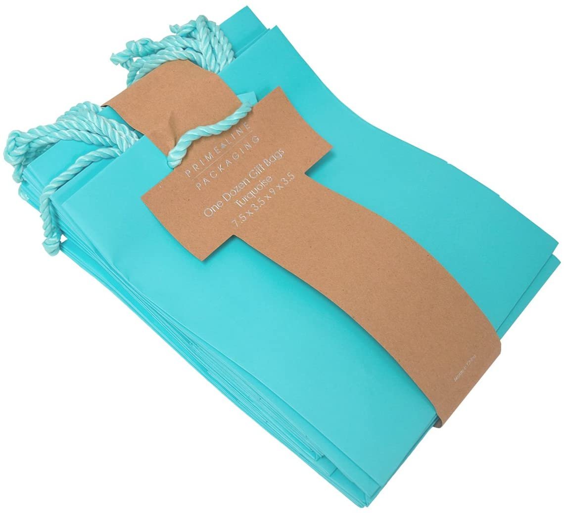Teal Gift Bags - 12 Pack Medium Turquoise Paper Bags with Handles, Solid Gift Wrap Euro Totes for Birthdays, Party Favors, Baby Shower, Easter, Bachelorette Parties, Weddings, Holidays, Bulk - 7.5x9x3.5