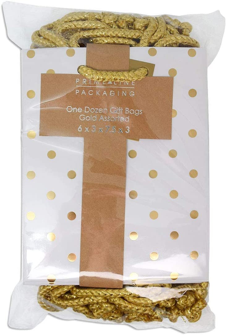 OccasionAll Gold Gift Bags - 6x3x7.5 Inch (Pack of 12) - Small Metallic Paper Bags with Handles, Chevron, Polka Dot & Stripe Prints - Perfect for Parties, Weddings, Holidays & Showers