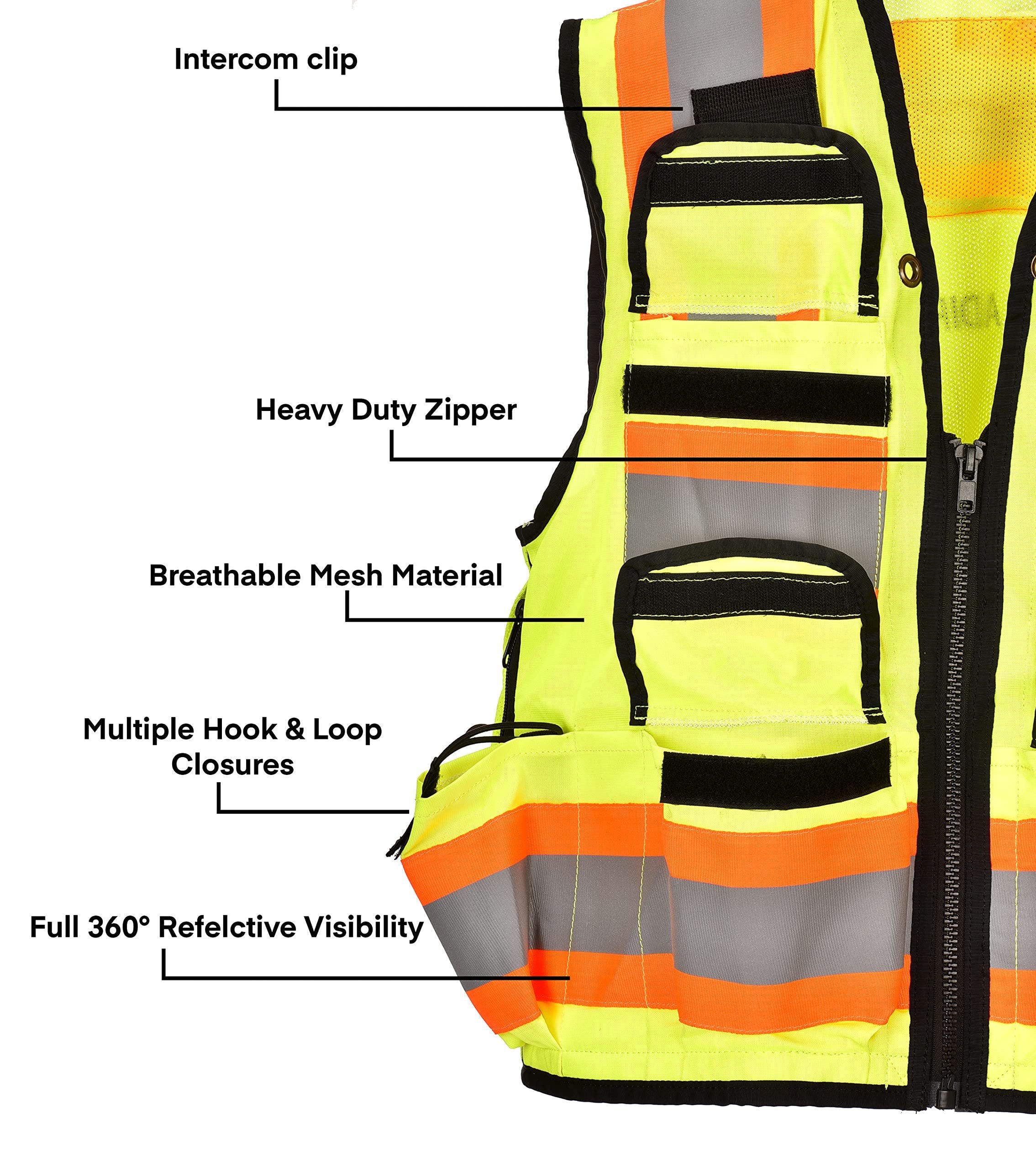 AdirPro Safety Vest - ANSI High Visibility Reflective Vest with Zipper and Utility Pockets, Class 2 Heavy-Duty Vest for Surveyors, Engineers, Construction Workers, Field Works (Yellow,XX-Large)
