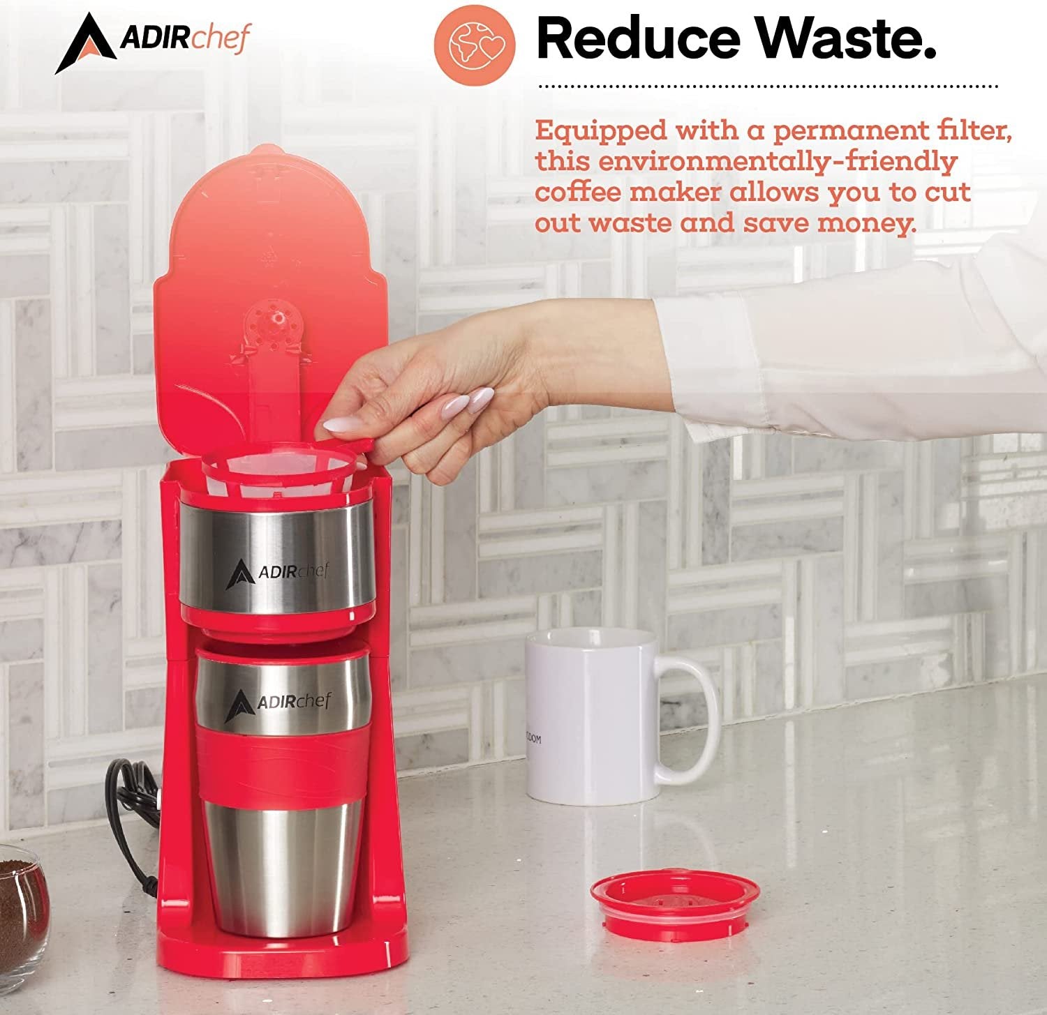 AdirChef Single Serve Mini Travel Coffee Maker & 15 oz. Travel Mug Coffee Tumbler & Reusable Filter for Home, Office, Camping, Portable Small and Compact for Fathers Day (Orange)