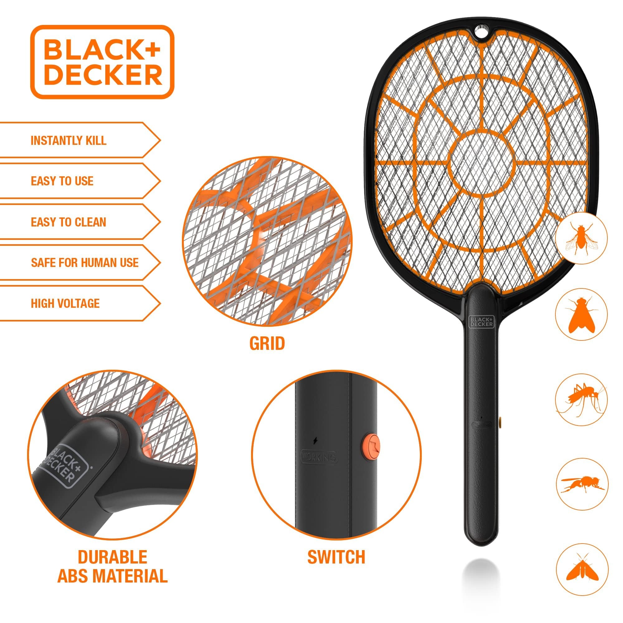 Black+Decker Electric Fly Swatter, Handheld Bug Zapper Racket - Heavy-Duty, Indoor/Outdoor - Battery-Powered - Non-Toxic, Safe for Humans/Pets, Black,