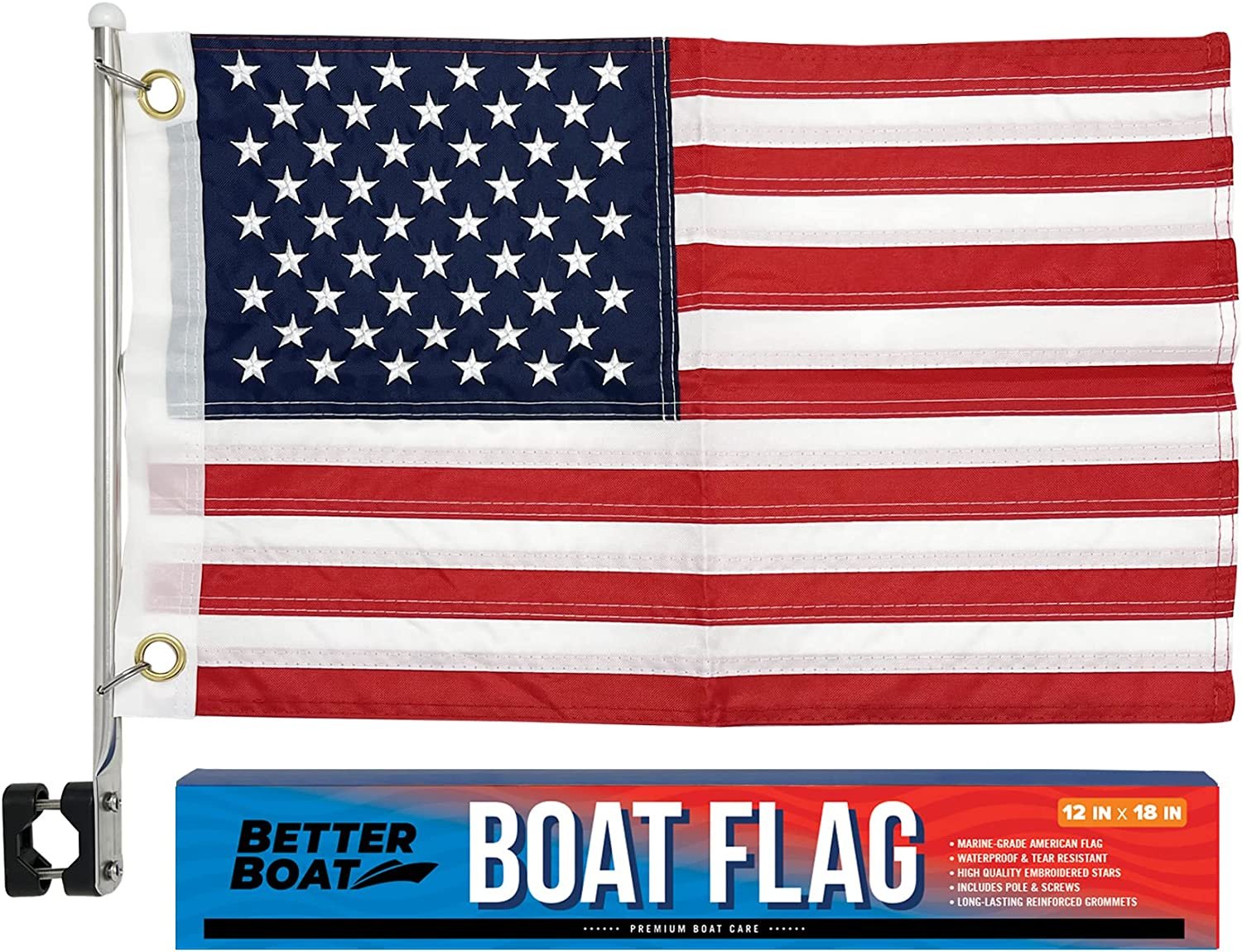 Small American Boat Flags Kit 12x18 - US Flag, Double Sided, Marine Grade with Pole Holder - Ski Rail or Pontoon Mount