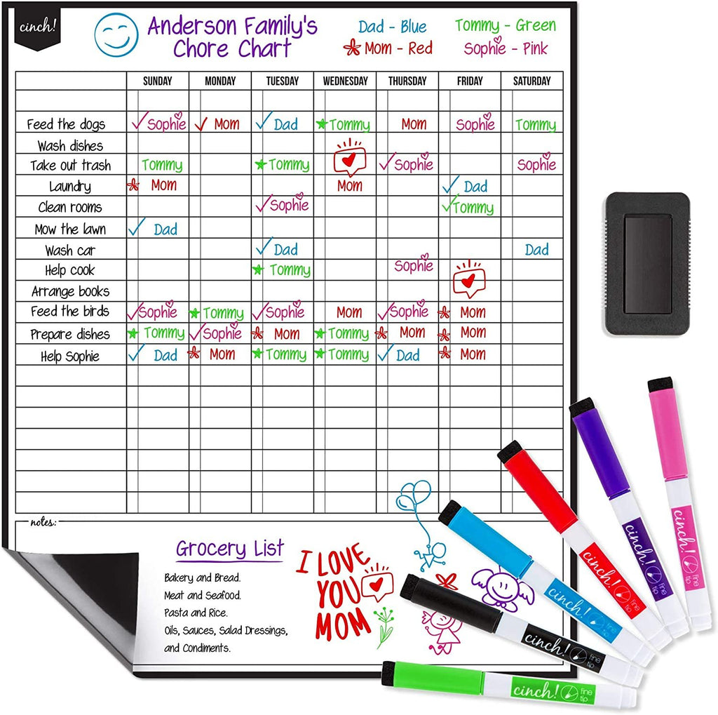 Magnetic Dry Erase Chore Chart for Multiple Kids (17x12") - 6 Whiteboa