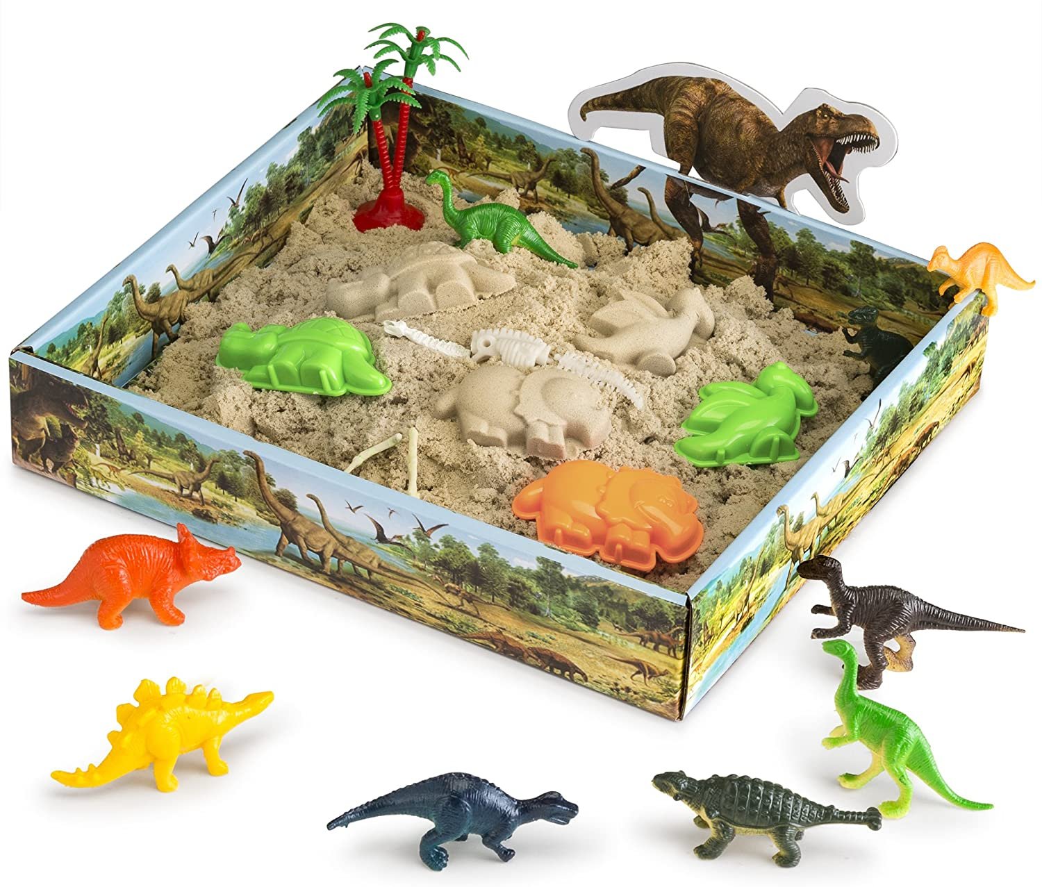 CoolSand Dino Sandbox for Kids - 1lb Moldable Play Sand - Natural Color - Shaping Molds & Dino Figures - Free Shipping & Returns