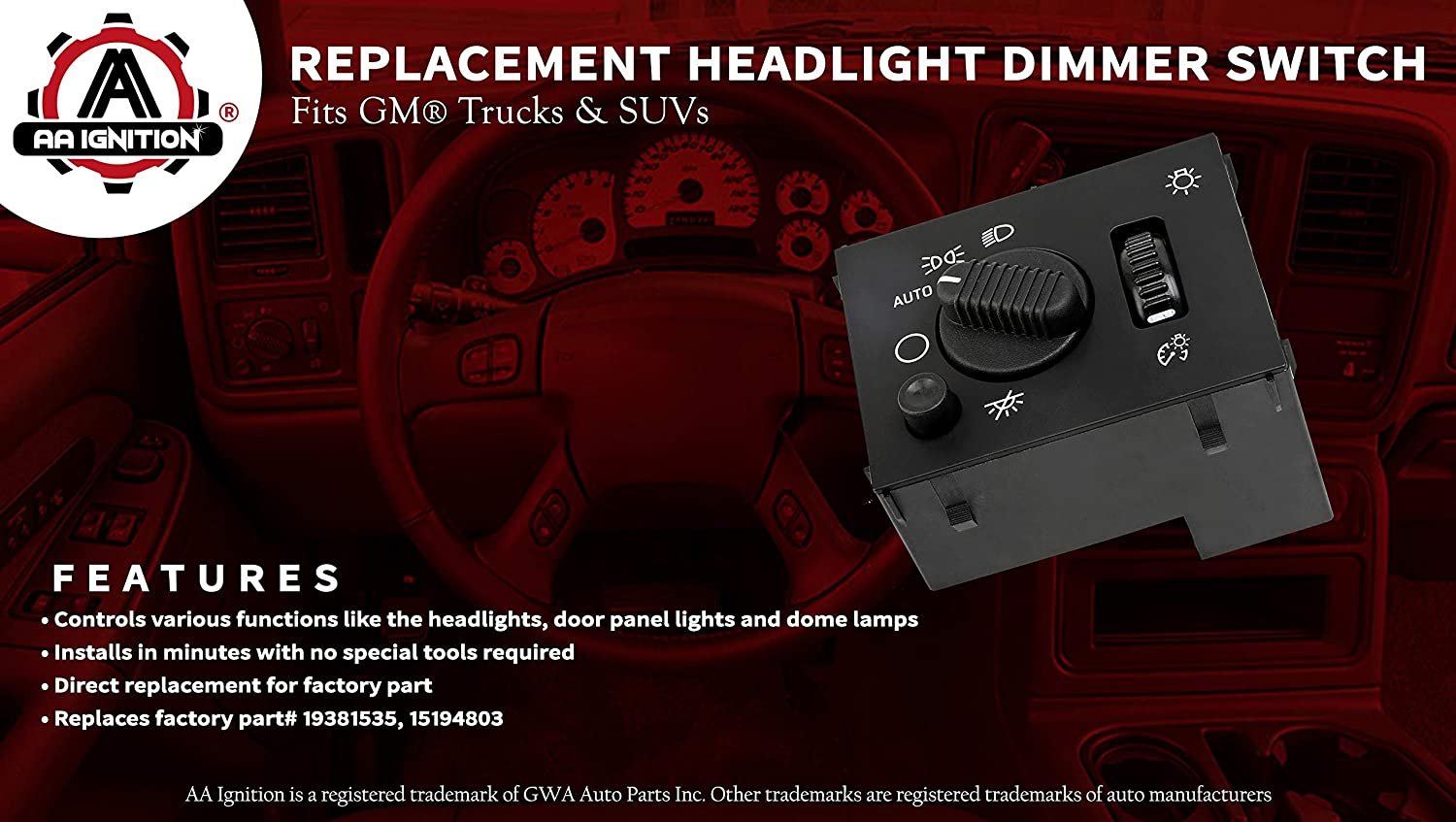 Headlight Dimmer Dome Lamp Switch - Chevy GMC Hummer - Silverado Tahoe Yukon - Replaces D1595G 19381535 -  Free Shipping