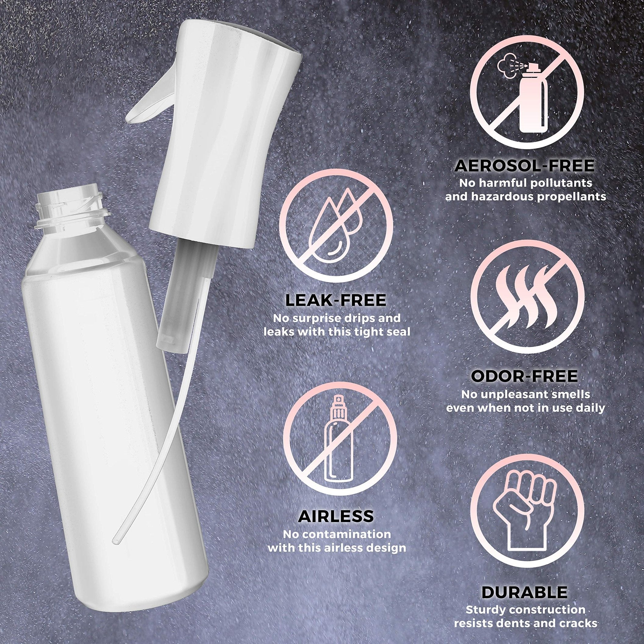 2-Pack Empty Continuous Spray Bottles 10oz - Ultra Fine Mist for Hairstyling, Plants, Cleaning, Cooking & Skin Care - White