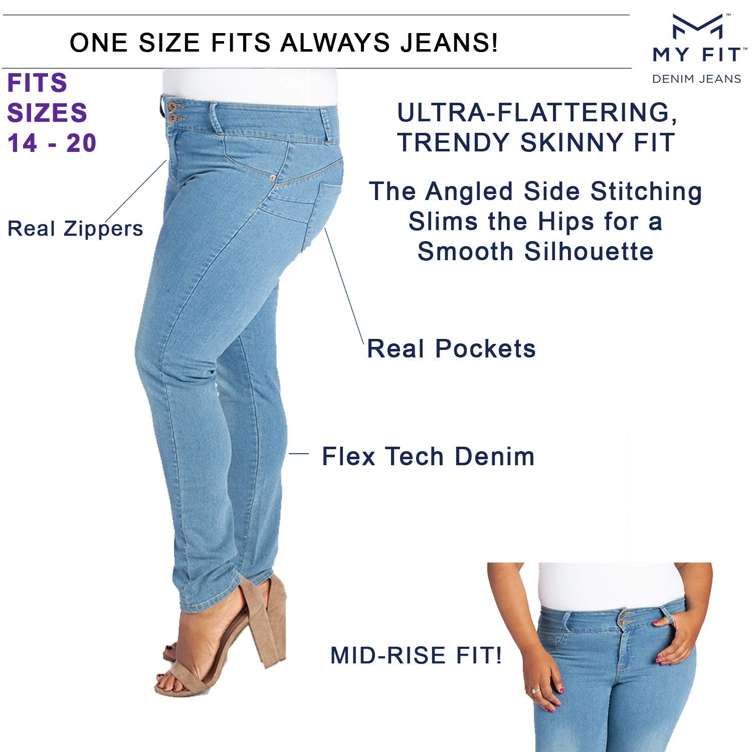 My Fit Jeans- SIZE 14-20 LIGHT WASH: Women's Stretch Denim Jeans with Pockets and the Comfort of Leggings, Petite through Plus Size