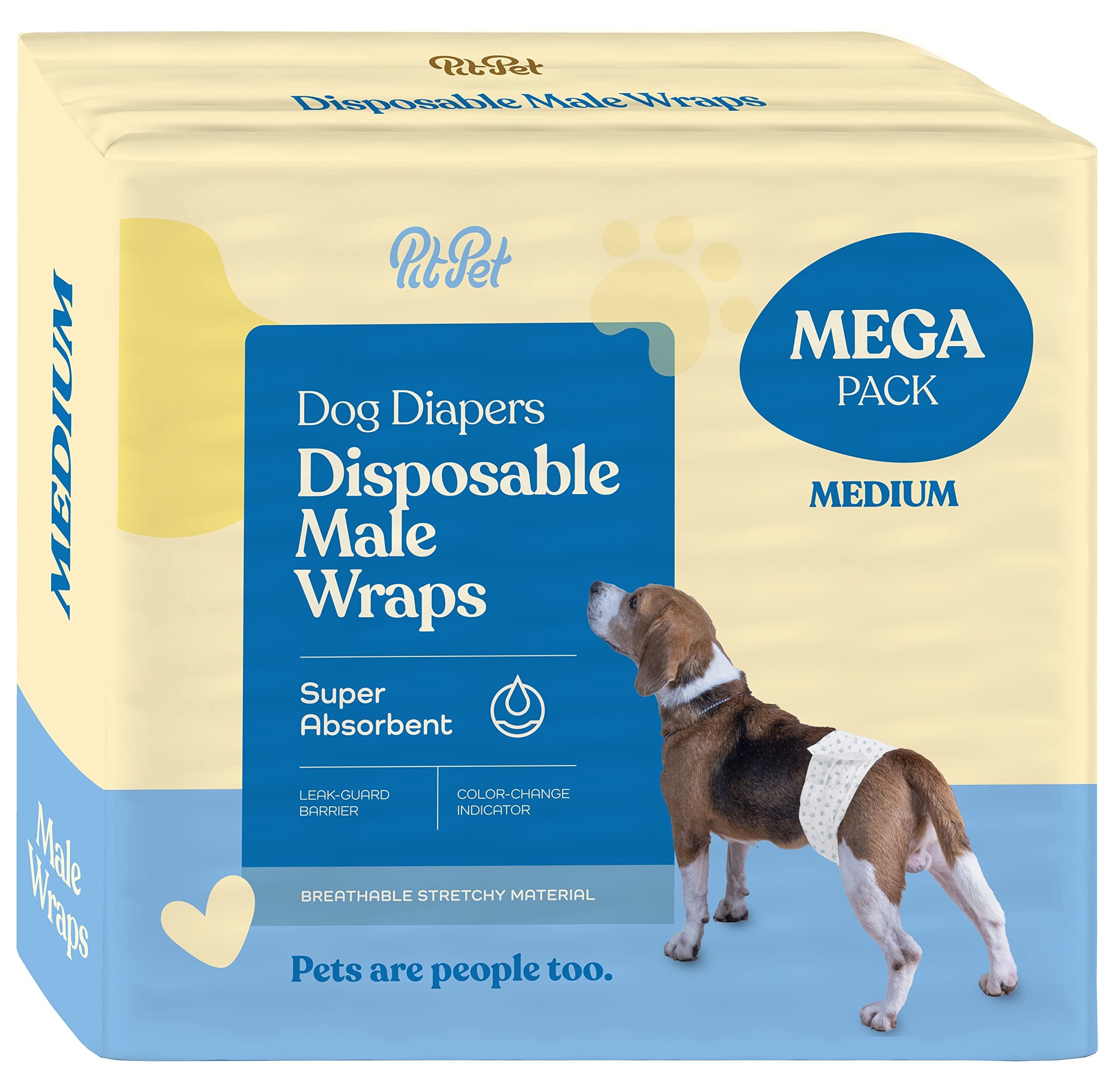 Pitpet Male Dog Diapers - 24-Pack Medium White Disposable Wraps - Super Absorbent with FlashDry Gel Technology & Wetness Indicator - Leakproof Belly Wraps for Incontinence & Excitable Urination