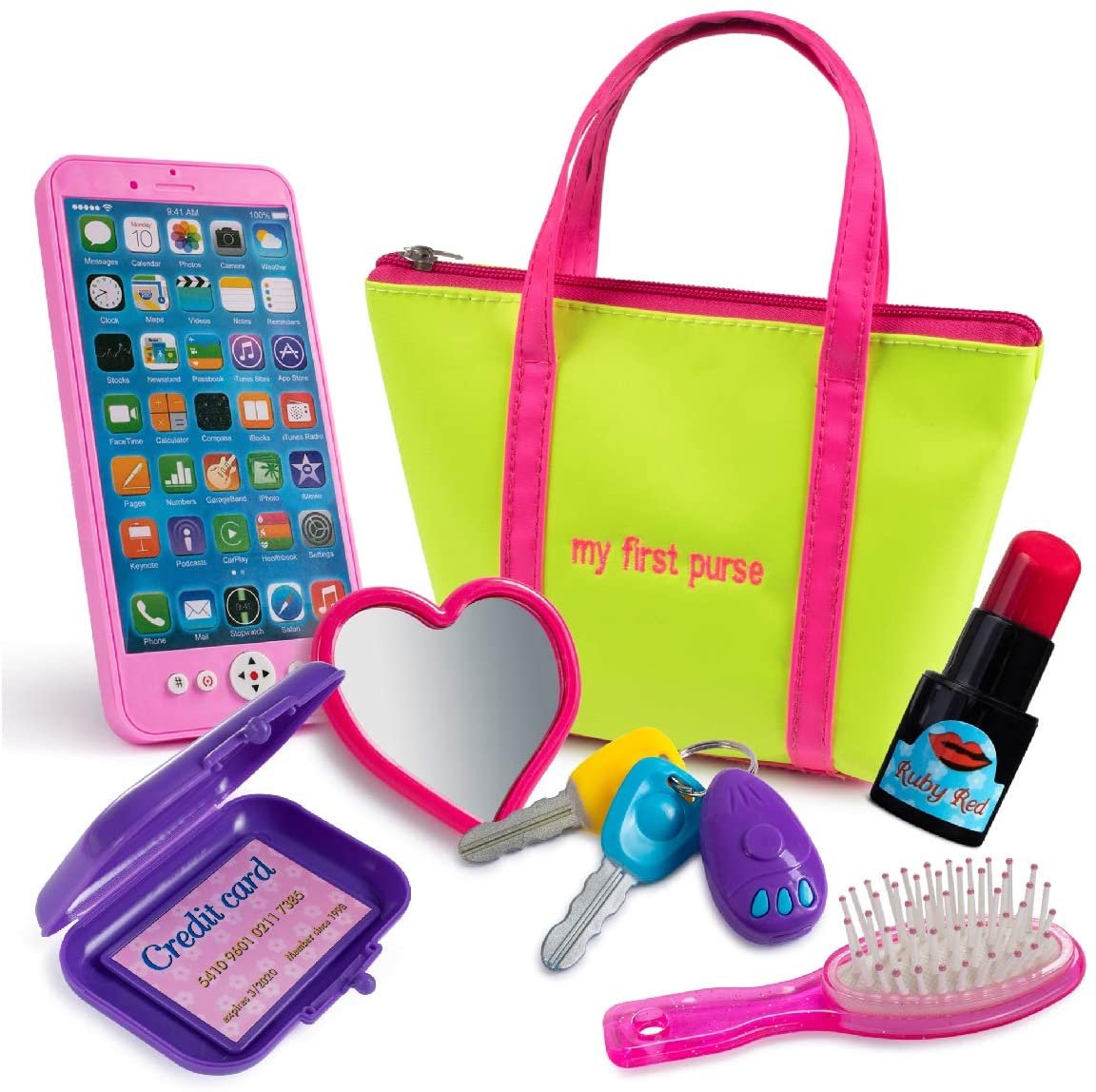 My First Purse - Kids Pretend Toy Hand Bag w/ Play Phone, Keys, Mirror | Pink
