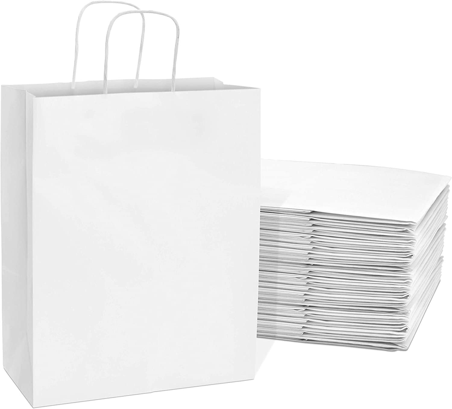50 White Paper Bags with Handles 10x5x13 inches - Bulk Gift Bags, Kraft, Retail Bags - Size M/L