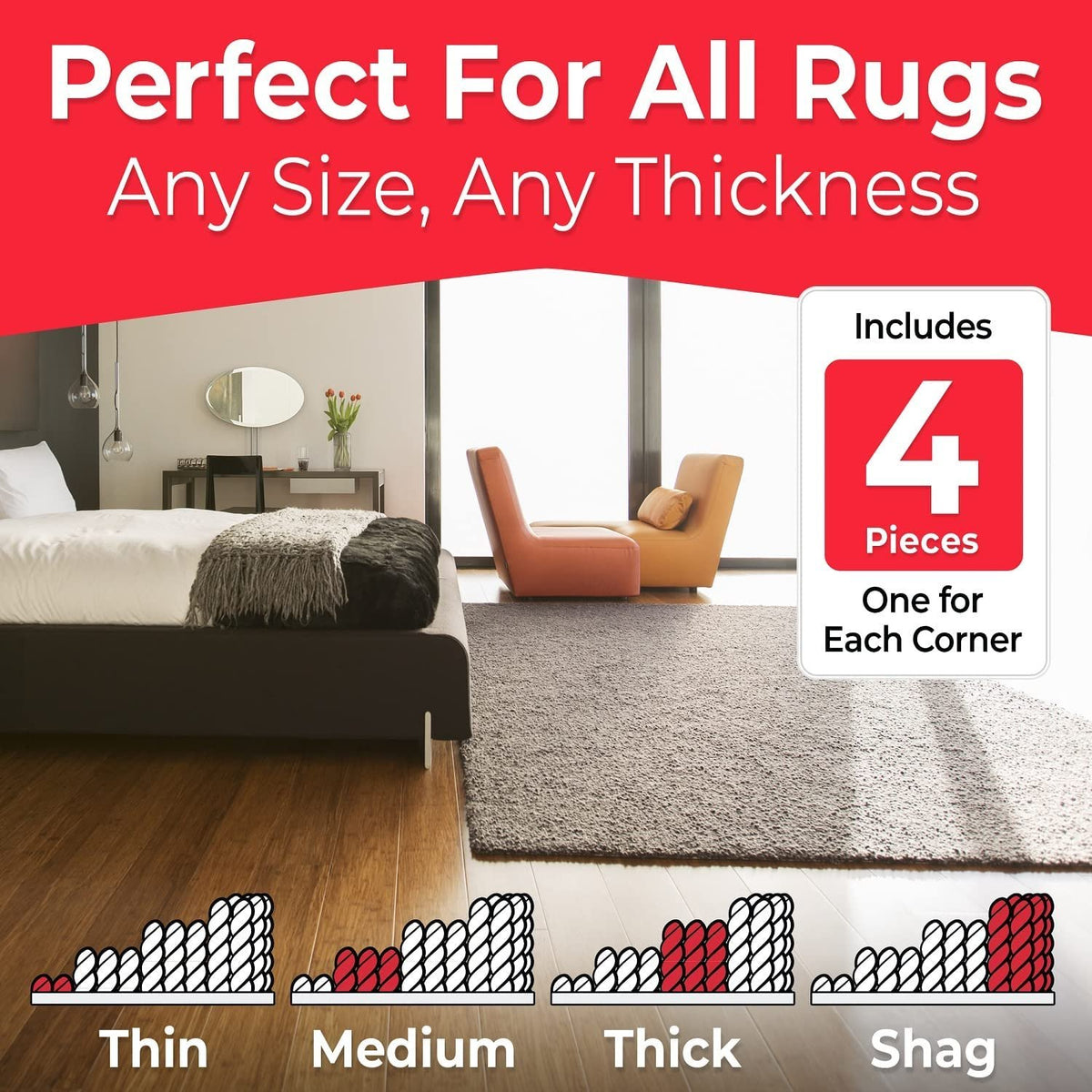 NeverCurl Best V Shape Design Gripper to Instantly Stops Rug Corner Curling. Safe for Wood Floors. for Indoor & Outdoor Rugs - Not an Anti-Slip pad - Made USA - Patented