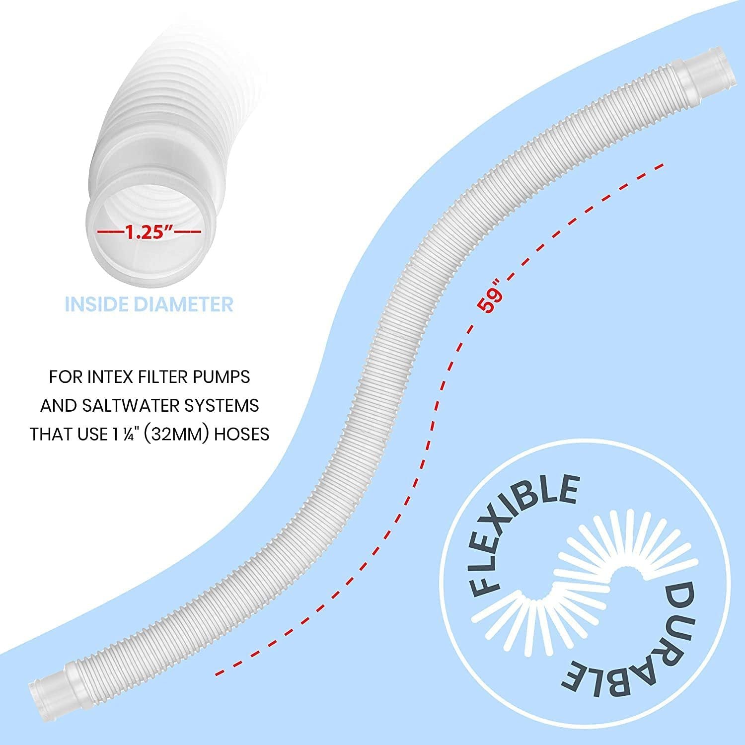 Replacement Hose For Above Ground Pools [Set of 4] 1.25" Diameter, 59" Long Accessory Pool Pump Replacement Hose - Filter Pump Hose Compatible with Intex Pump Models #607/#637. Includes 4 Metal Clamps