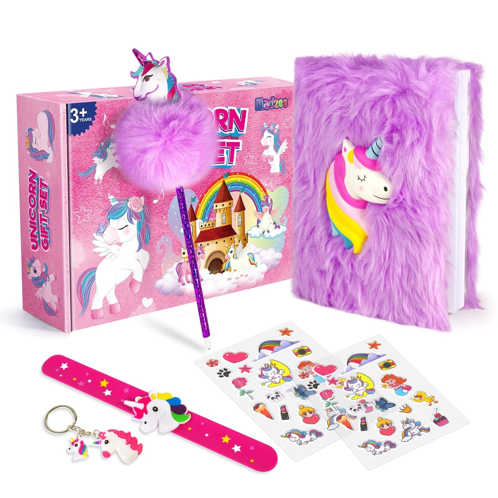 Madzee Girls Gift Set, Plush Diary, 3D Stickers, Slap Bracelet, Keychain - Cute Stationery Gift for Girls Age 4+ (Unicorn)