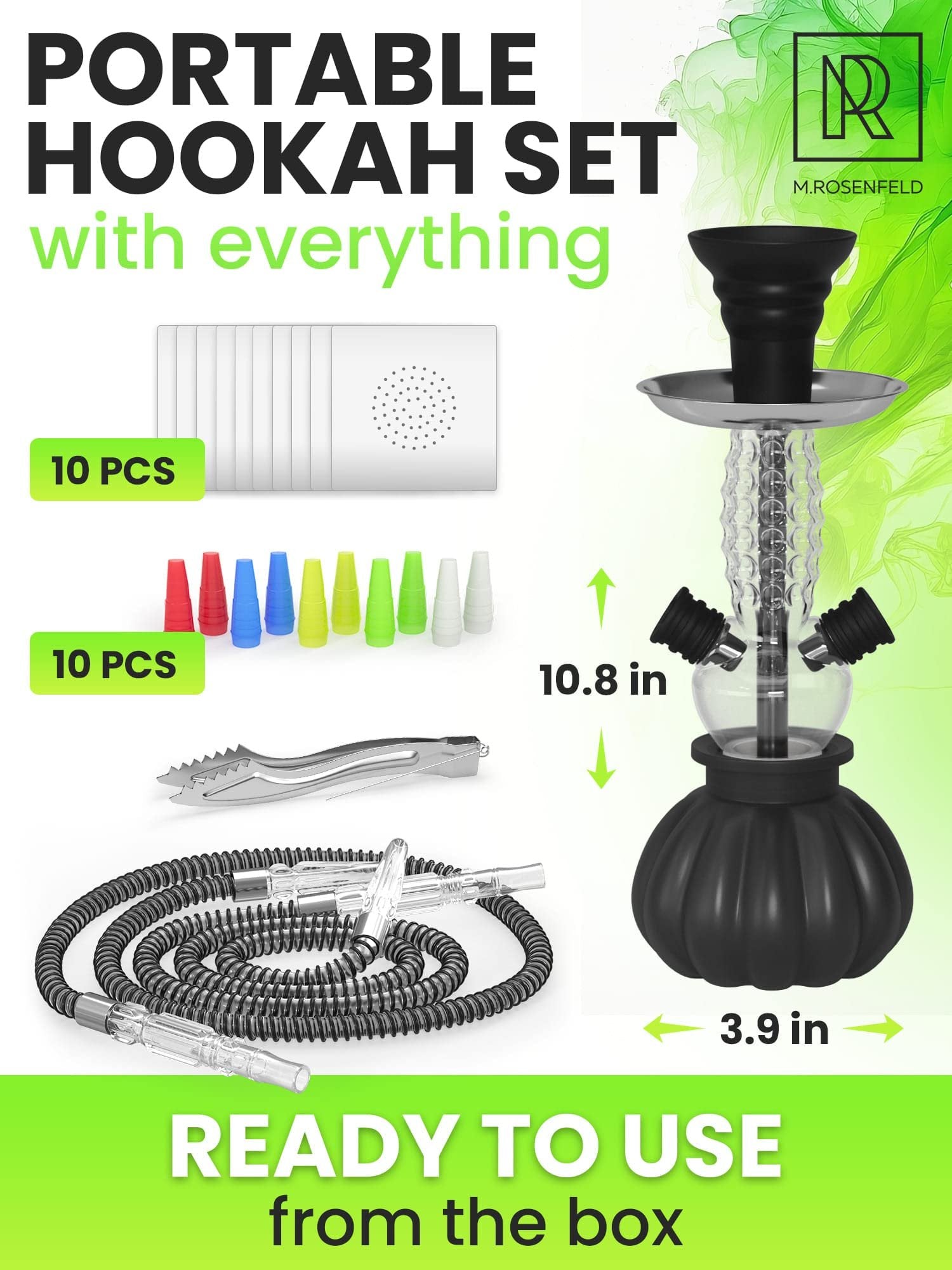 M. ROSENFELD Black Hookah Set 2 Hose - Picolo 12” Mini Hookah with Silicone Bowl + 2x 50-Foil + 2x Black Hose + 10x Tips + Tongs - (#Size) - Free Shipping & Returns