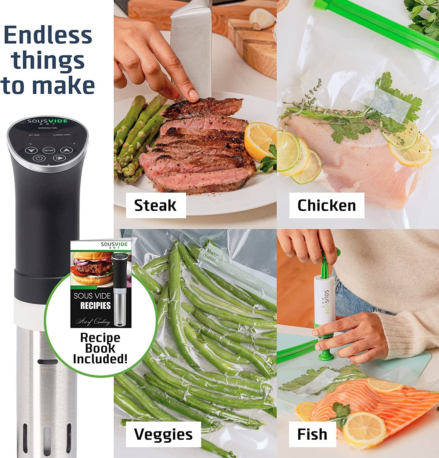 SOUSVIDE ART Precision Cooker Kit | 1000W STANDARD Sous Vide Machine Immersion Cookers Circulator | 15 Vacuum Seal Bags, Vacuum Pump, Digital Timer, & Temperature Control | All In One Sous Vide Machines