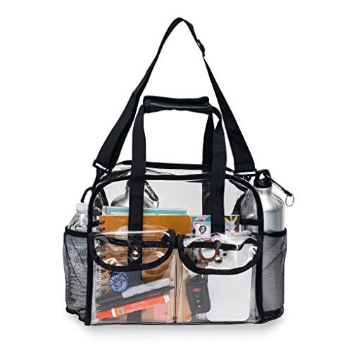 Clear Tote Bag - 12x6x12 Clear Stadium Bag, Transparent Water Resistant Plastic Messenger Tote with Handles, Shoulder Strap, & Pockets, Approved for Stadium Events, Concert, Festivals, Travel, Work