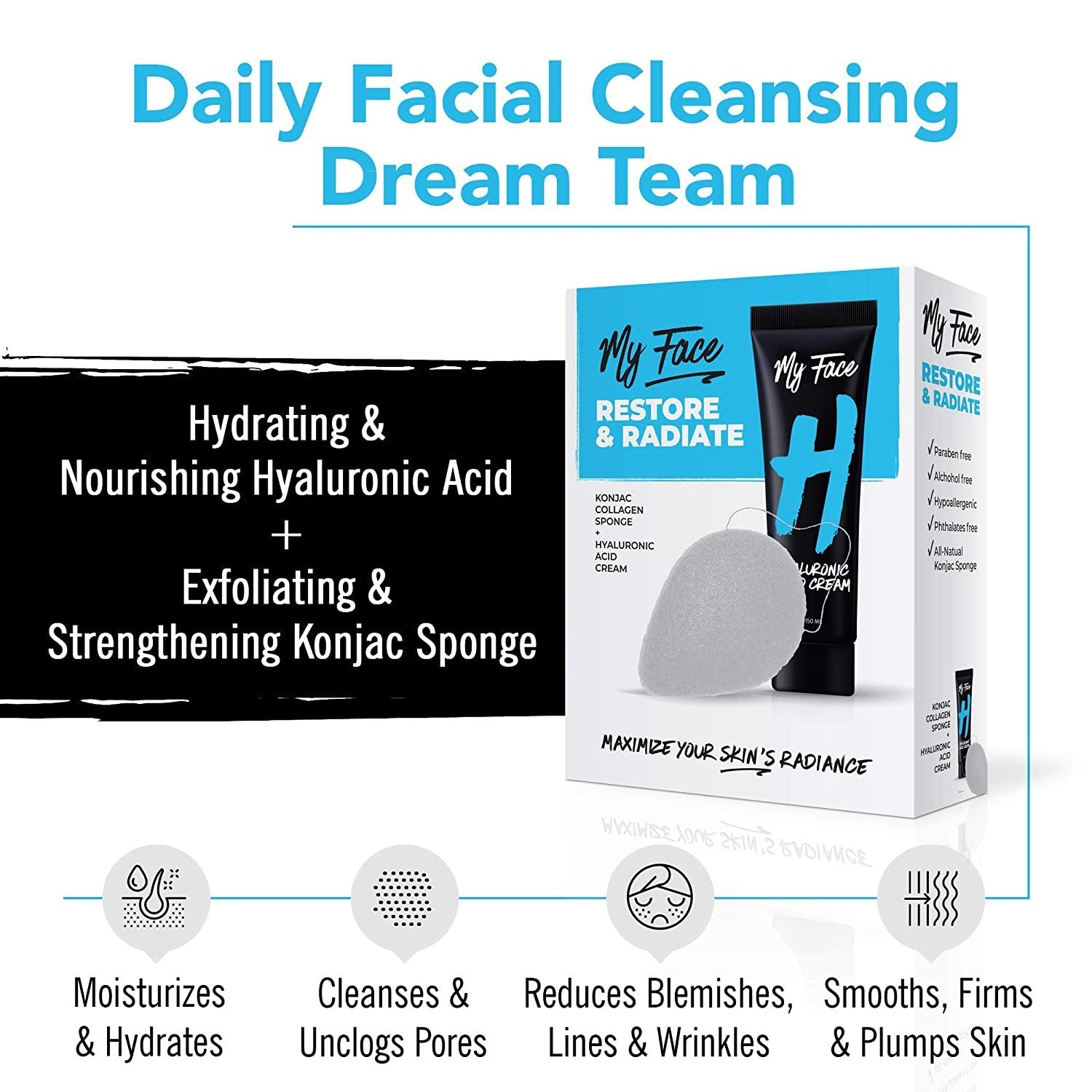 My Face Hyaluronic Acid Face Wash Cream With Collagen Konjac Sponge - Restore And Radiate Hydrating Facial Cleanser Kit - Oil Free, Hypoallergenic - Gentle Exfoliating Cleansing For Dry Skin