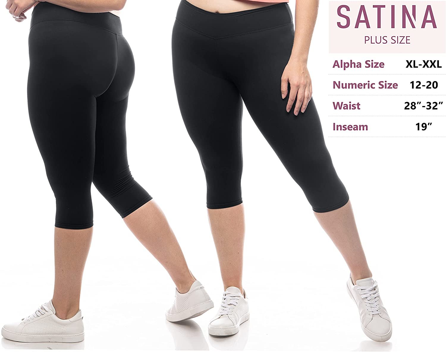 SATINA High Waisted Capri Leggings Plus Size Black | Tummy Control Yoga Pants 3 Waistband