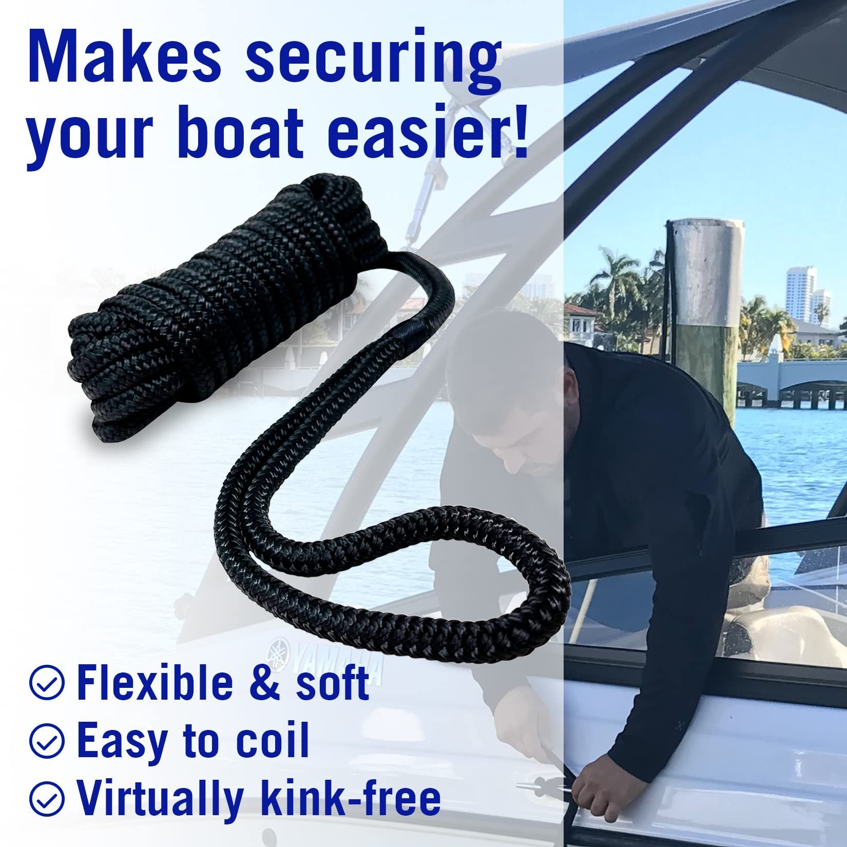 Boat Dock Lines 1/2 x 25 Ft - Braided Nylon Marine Rope Black 4 Pk with Loop - Free Shipping
