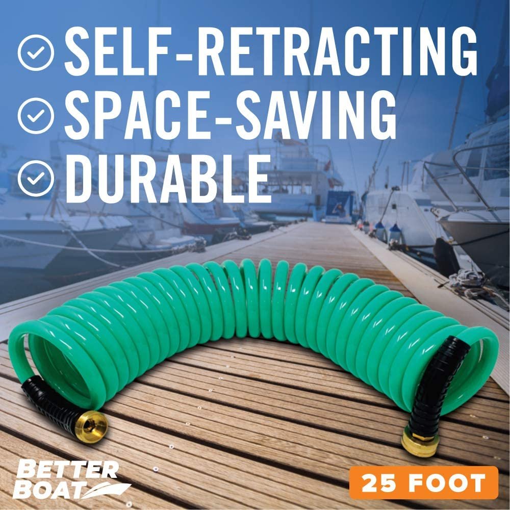 Better Boat 25FT Coiled Boat Hose | Green | Marine Grade | 3/4 Inch Connectors | Self Recoiling