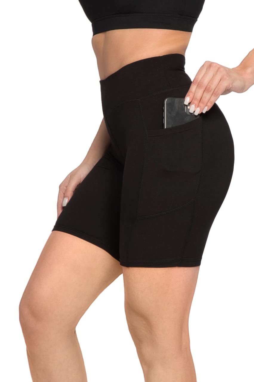 New SATINA Biker Shorts Women High Waist w/Pockets Yoga Plus Size M Black 8 inch