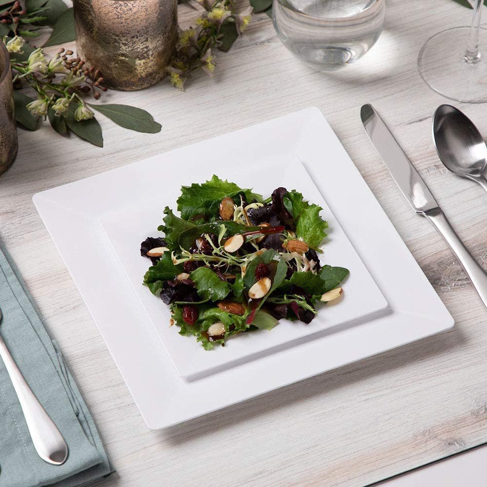 Disposable Square Plastic Plates - 60 Pack - 30 x 9.5" Dinner and 30 x 6.5" Salad Combo Plate - Premium Heavy Duty - Fancy and perfect for a Party, Wedding, or Birthday By Aya's Cutlery Kingdom