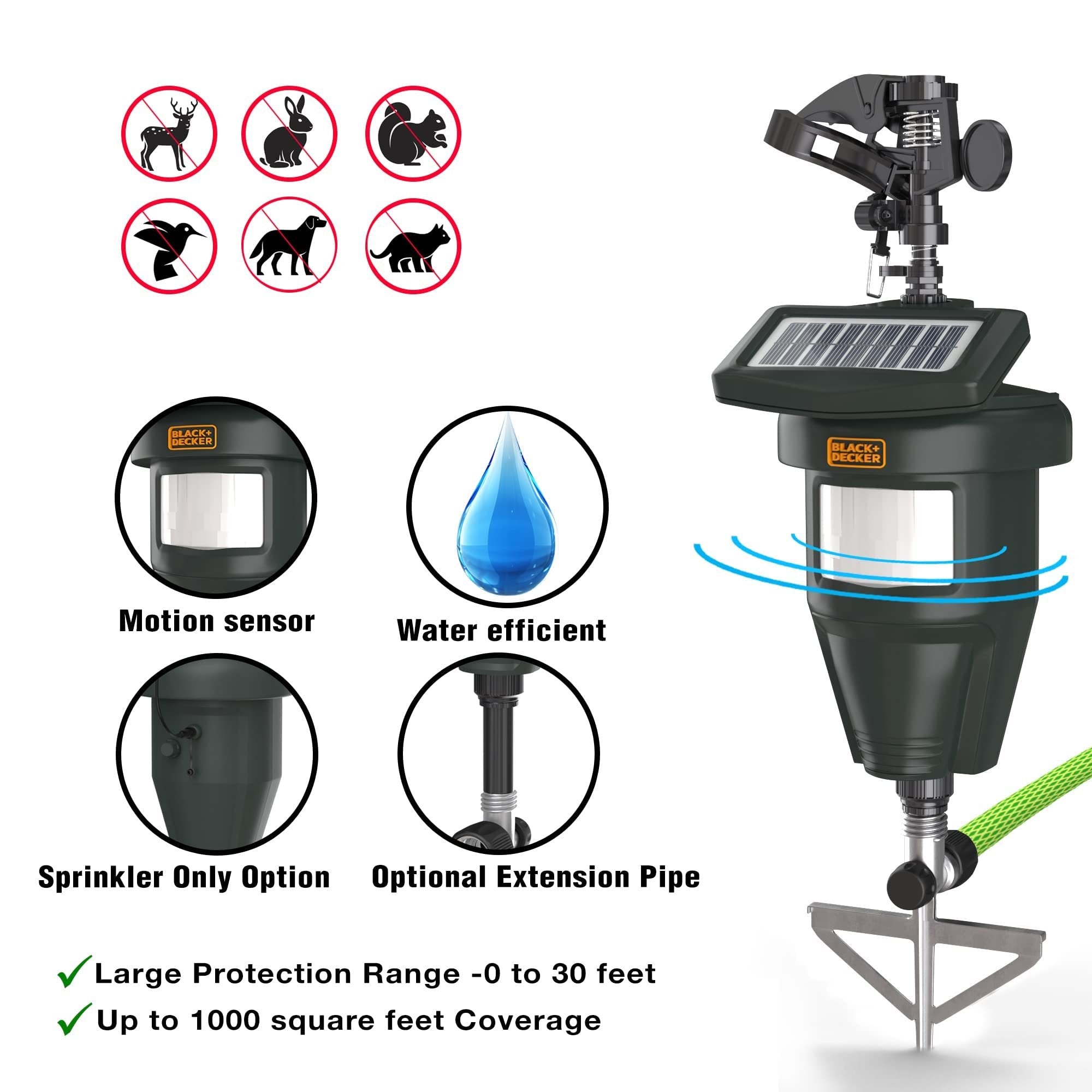 BLACK+DECKER Solar-Powered Cat & Deer Repellent - Motion Sensor Sprinkler - Single Unit - Black
