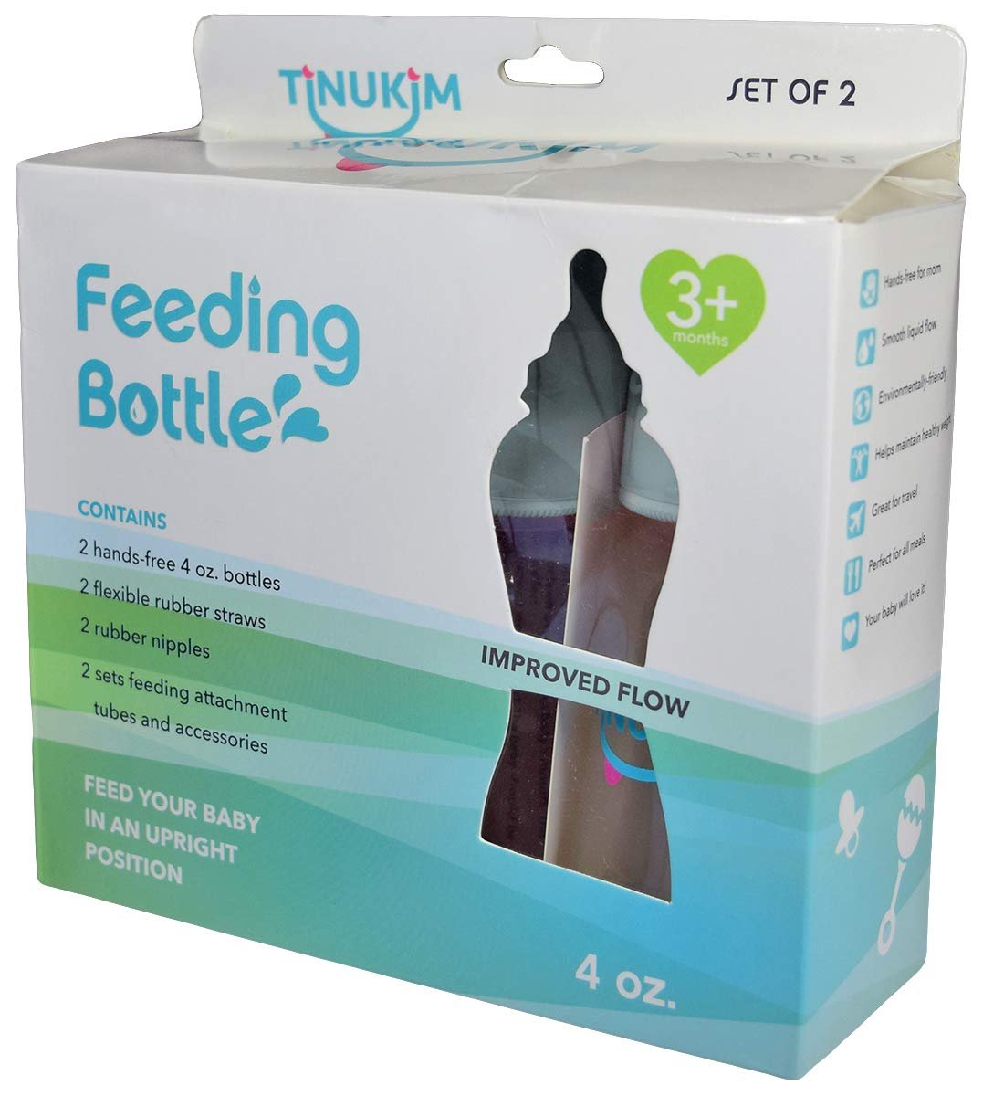 Tinukim iFeed Self-Feeding Baby Bottle, Blue, 4oz Size, Anti-Colic Nursing System, 2-Pack