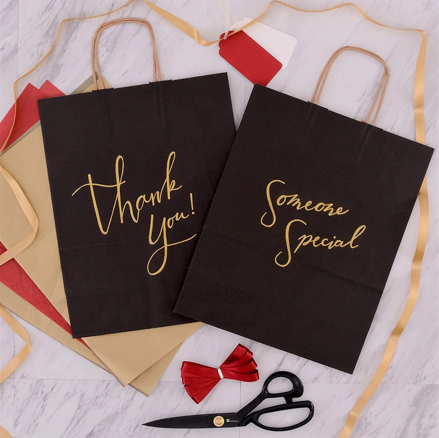Black Kraft Paper Bags with Reinforced Patch Paper Twist Handles for Birthday Parties, Restaurant Take-Outs, Shopping, Merchandise, Party, Retail, Gift Bags 10x5x13x5"