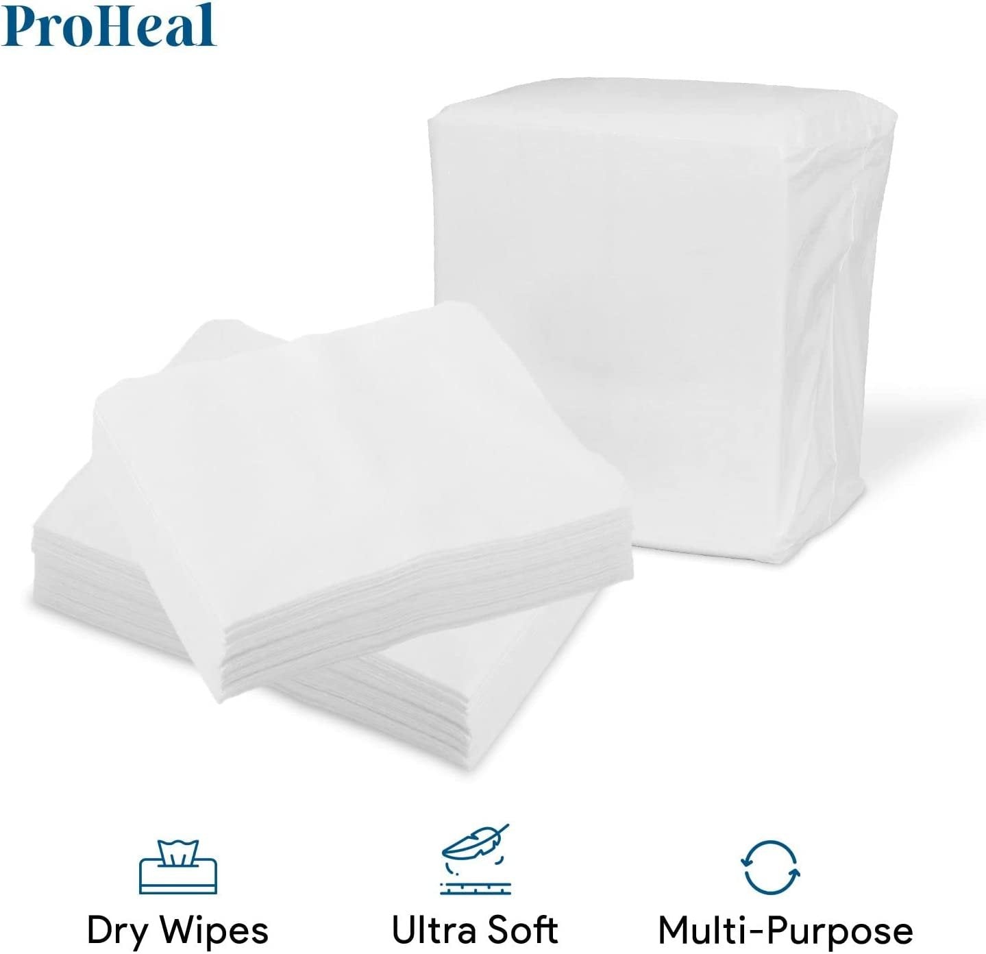 Disposable Dry Wipes, 500 Pack – Ultra Soft Non-Moistened Cleansing Cloths for Adults, Incontinence, Baby Care, Makeup Removal – 9.5" x 13.5" - Hospital Grade, Durable – by ProHeal