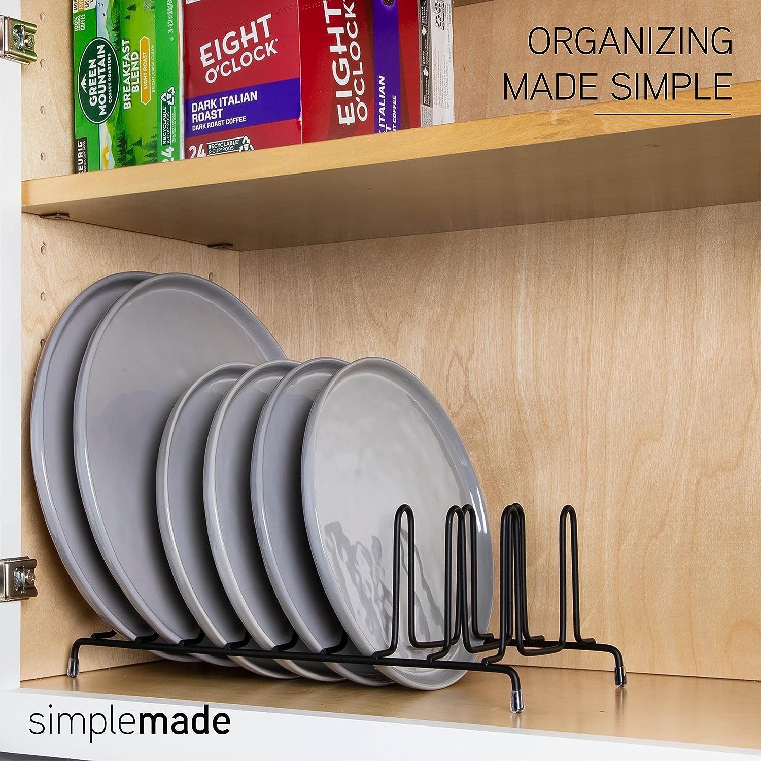 SIMPLEMADE Kitchen Dish Rack Organizer - 2 Wire Metal Cabinet Organizers and Storage Rack for Plates, Dishes, Pots, Pot Lids, Pan Lids, Container Lids - Shelf, Counter & Pantry Organization (Black)