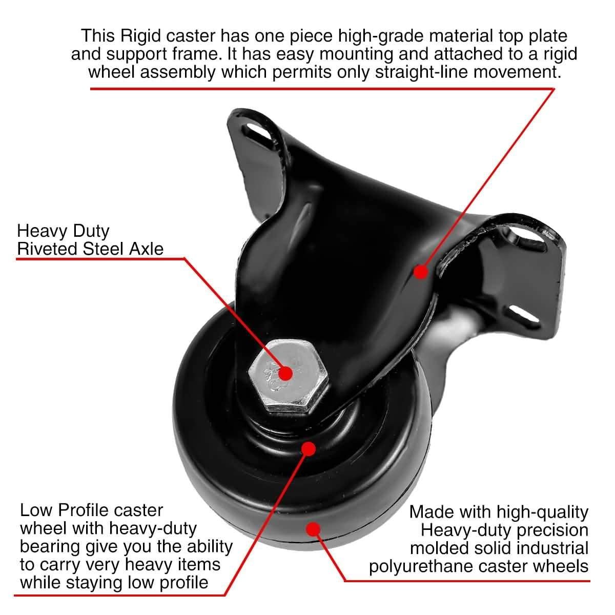 FactorDuty 2 inch Heavy Duty Polyurethane Caster Wheels Rigid Fixed Non Swivel Industrial Grade Solid Low Profile Smooth and Silent 1000LB Capacity Pack of 4