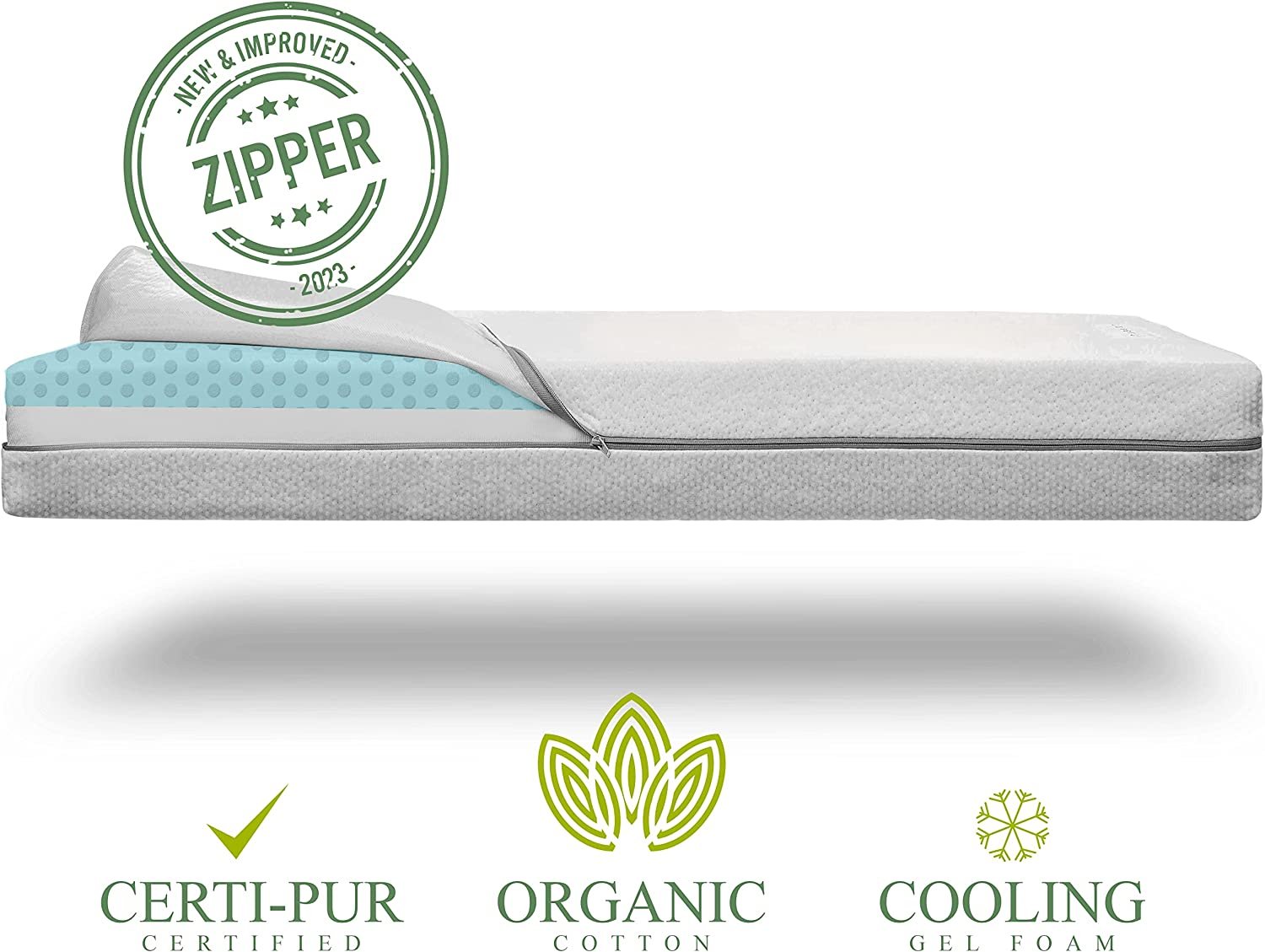 Organic Cotton Dual-Sided Crib Mattress, 2-Stage Premium Memory Foam CertiPUR-US Hypoallergenic Baby Mattress, Firm Support For infant Cooling Gel for Toddler Waterproof Washable Cover NEW ZIPPER 2023
