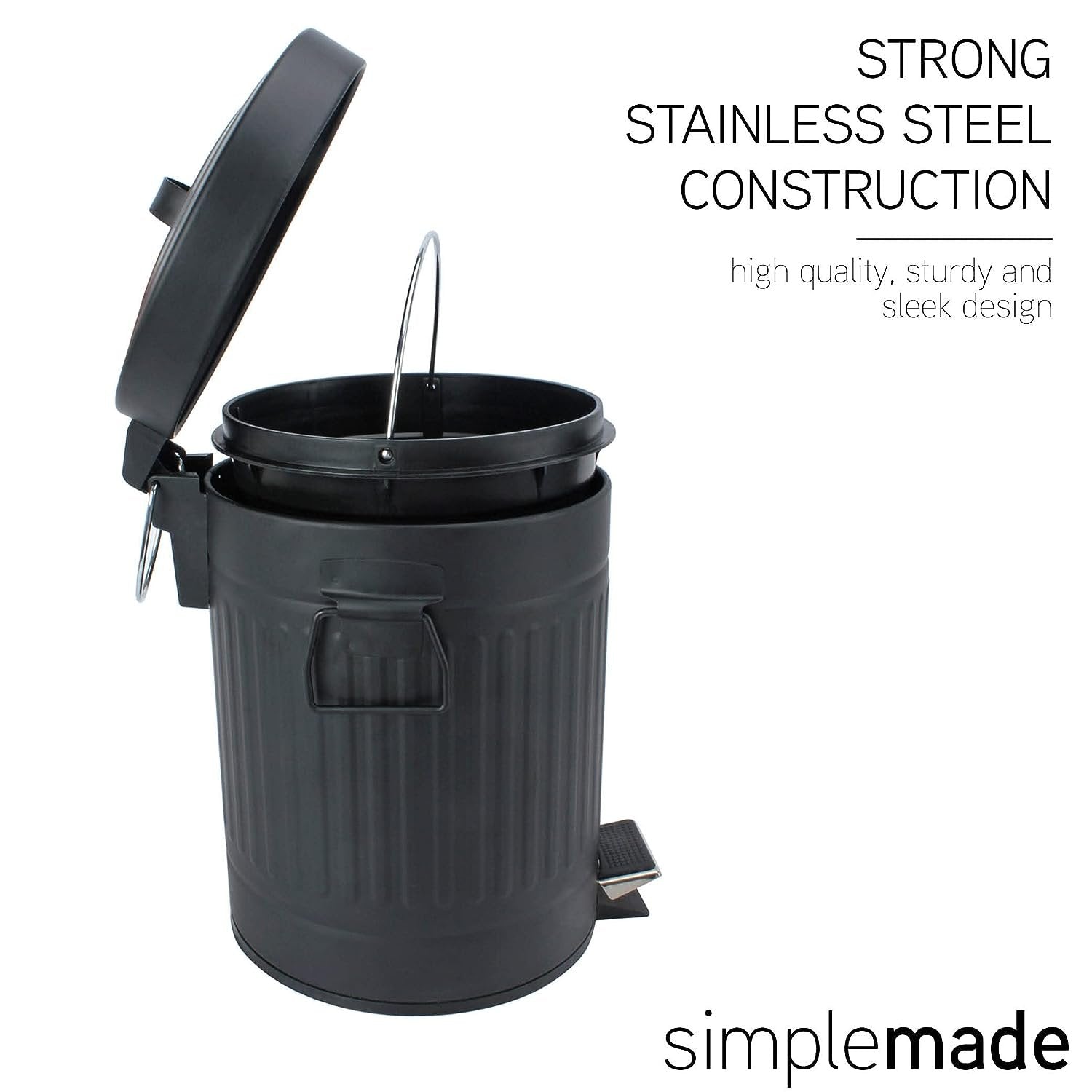 SIMPLEMADE Round Step Trash Can, Stainless Steel with Lid, Small Metal Wastebasket / Garbage Can For Bathroom, Office, Black, 5 Liter / 1.3 Gallon -