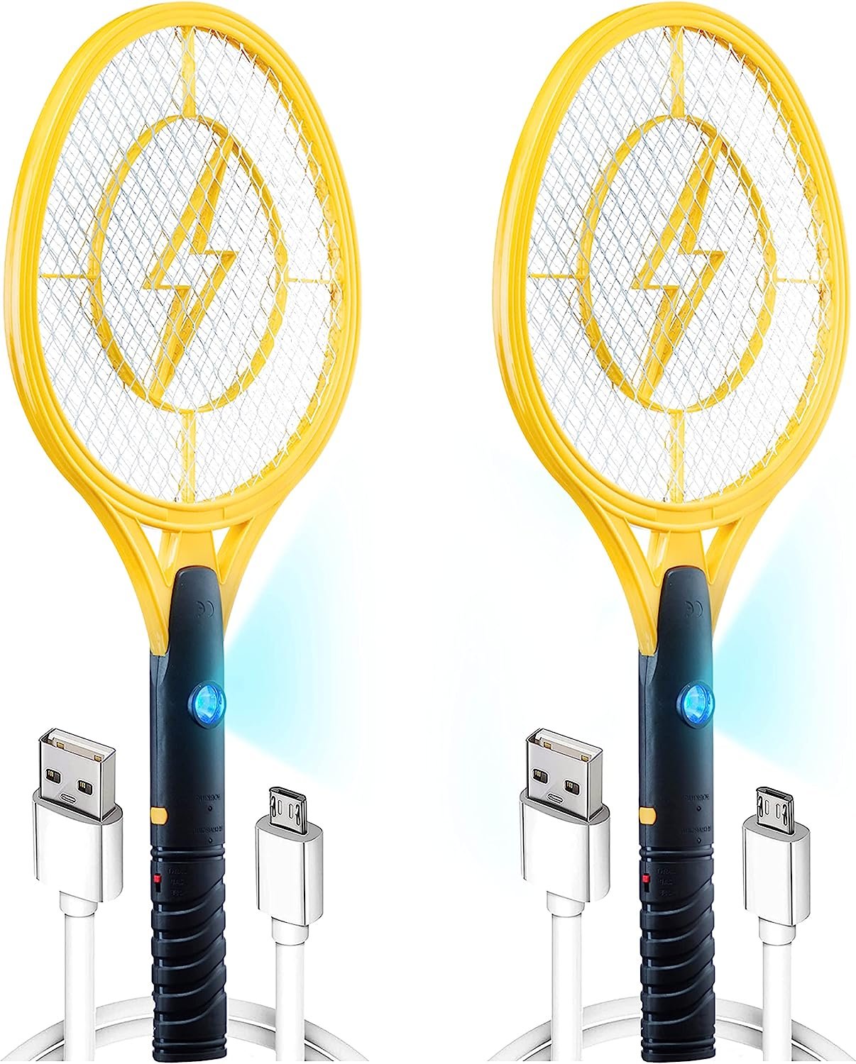 Electric Fly Swatter [Set of 2] Handheld Bug Zapper Racket for Indoor/Outdoor - 4000 Volt Fly Swatter - Instant Bug & Mosquito Killer with Attractant LED Light - USB Rechargeable Portable Fly Zapper.