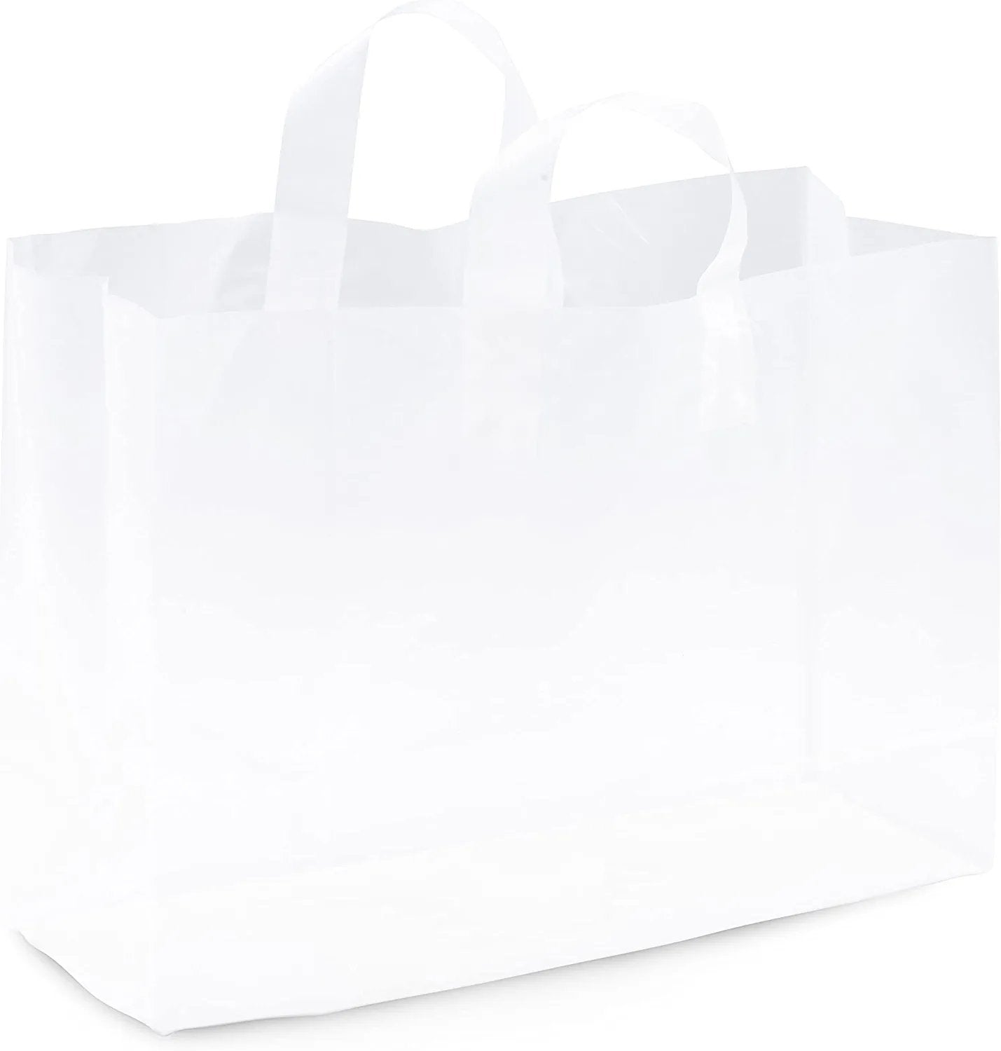 Shopping Bags for Small Business - 50 Pack Clear Plastic Bags, Large White Frosted Plastic Bags with Handles & Cardboard Bottom for Boutique, Merchandise, Retail, Gifts, Parties, Events - 16x6x12