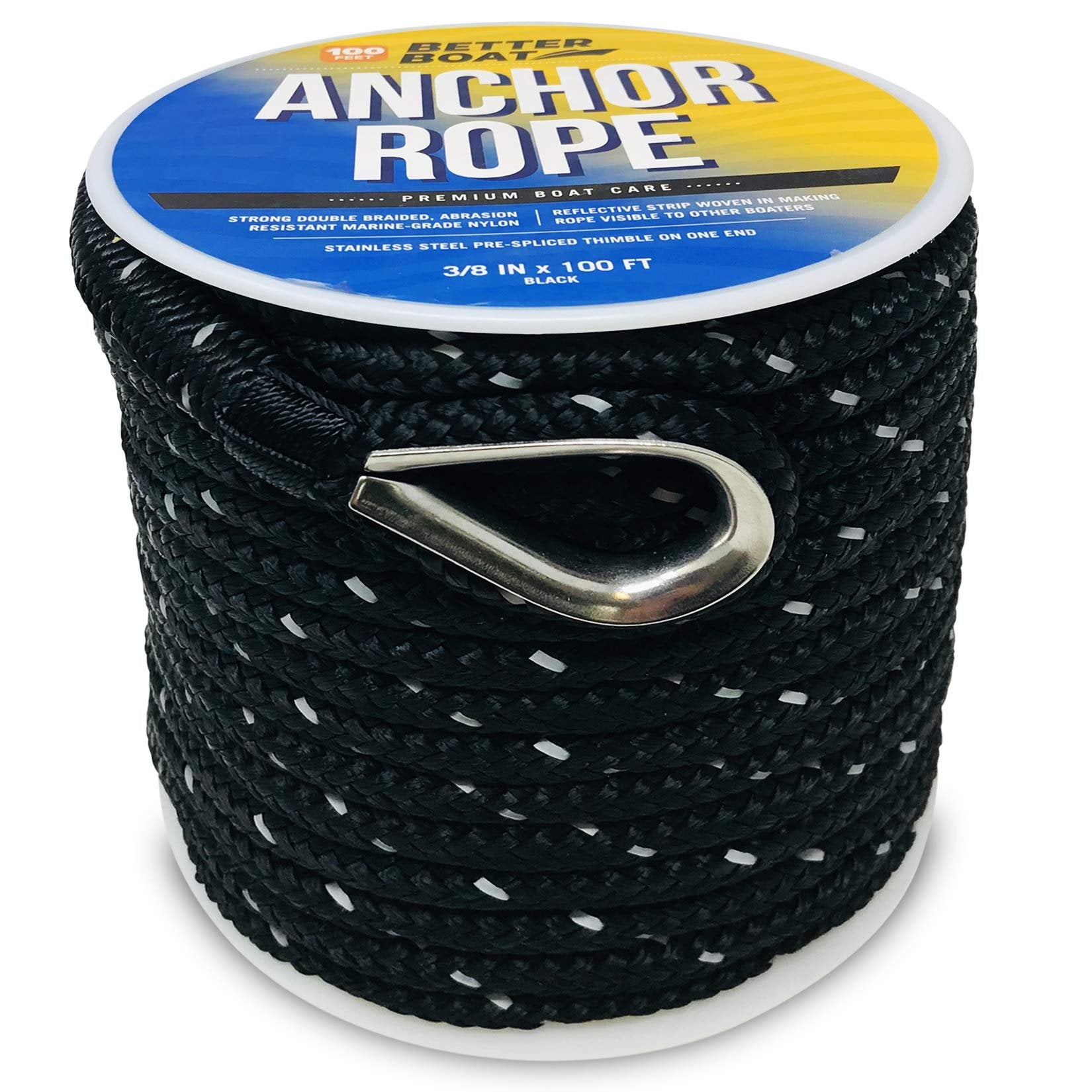 Premium Boat Anchor Rope 100 Ft Double Braided Boat Anchor Line Black Nylon Marine Rope Braided 3/8 Anchor Rope Reel for Many Anchors & Boats 3/8 Inch Black