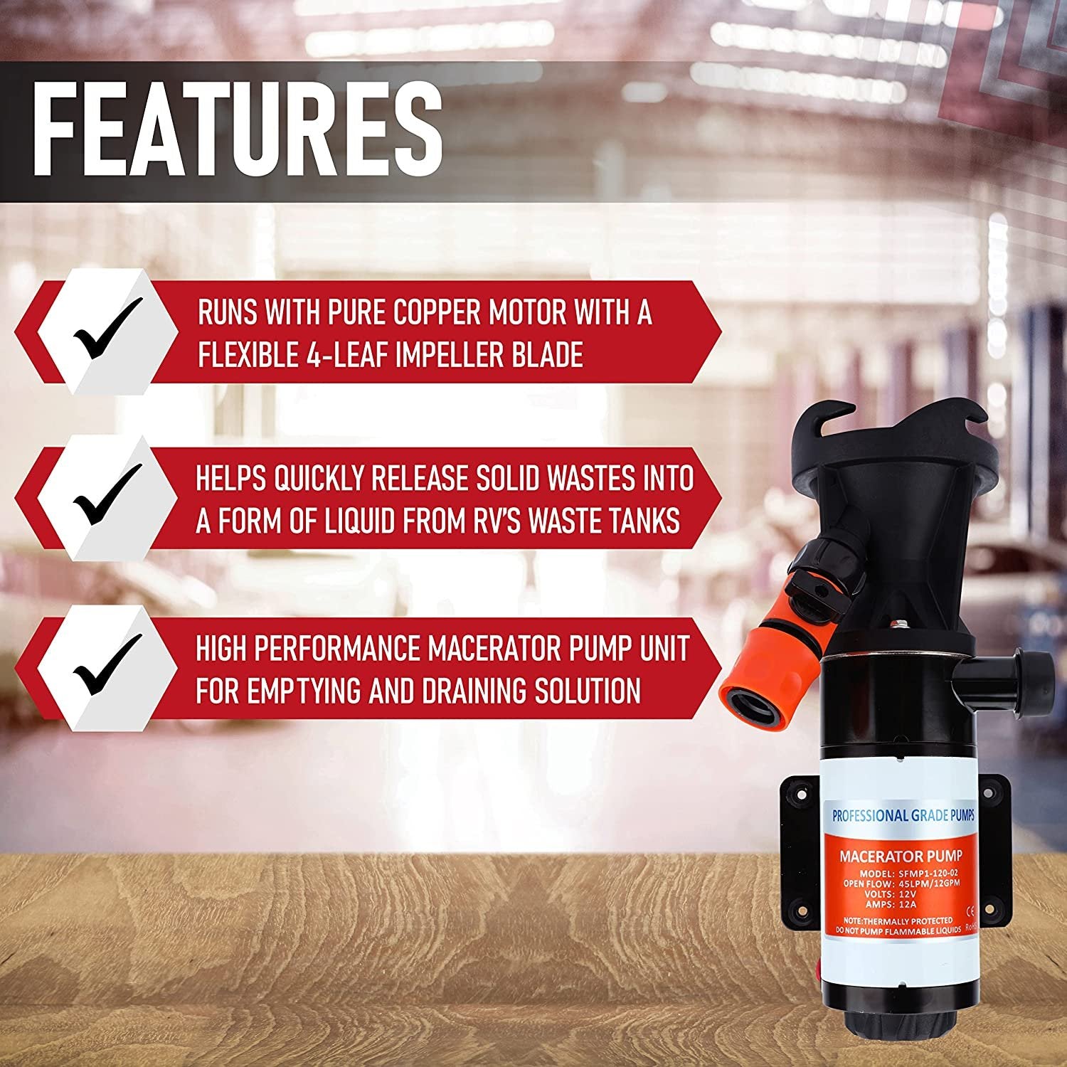 RV Sewer Macerator Pump 12V - 12 GPM Quick Release Macerator Pump Marine for RV Trailer, Camper Van, Caravan, Boat - 12/24V DC Seamless Motor - Portable Dump Station Mount Boat Waste Pump
