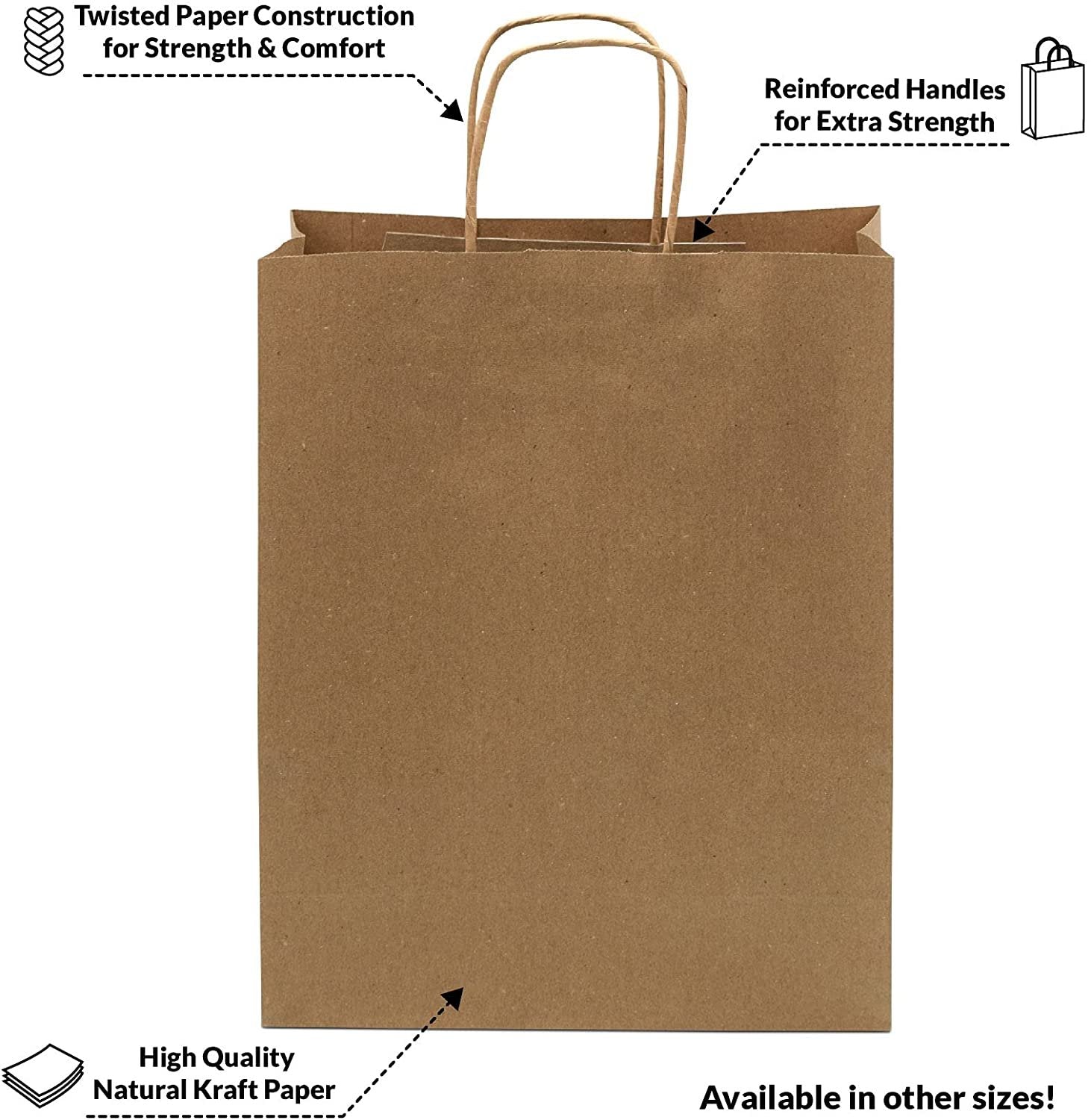 50 Brown Kraft Shopping Bags w/ Handles | 10x5x13 Inch Size | Bulk for Boutiques, Retail Stores, Birthdays, Party Favors & Merchandise