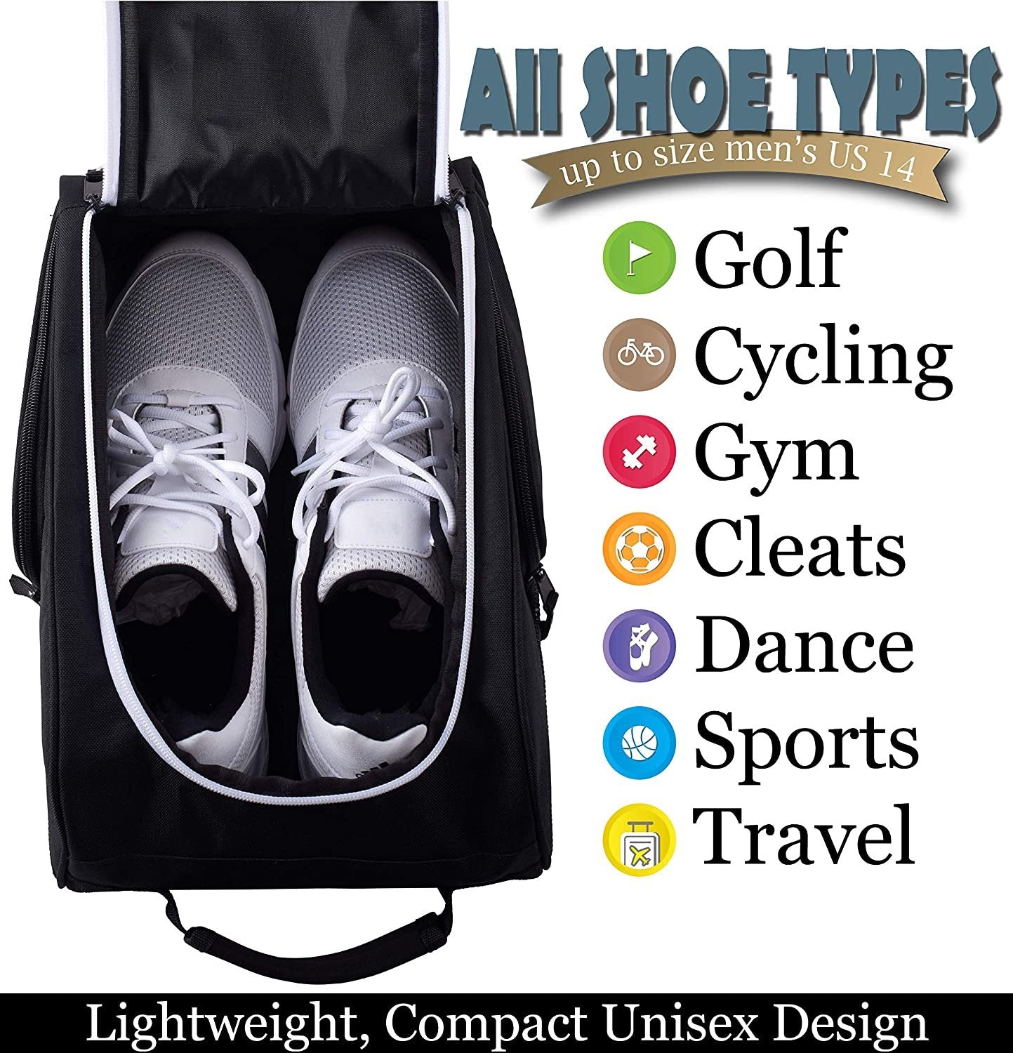 Large Athletico Golf Shoe Bag - Black Zippered Carrier w/ Ventilation
