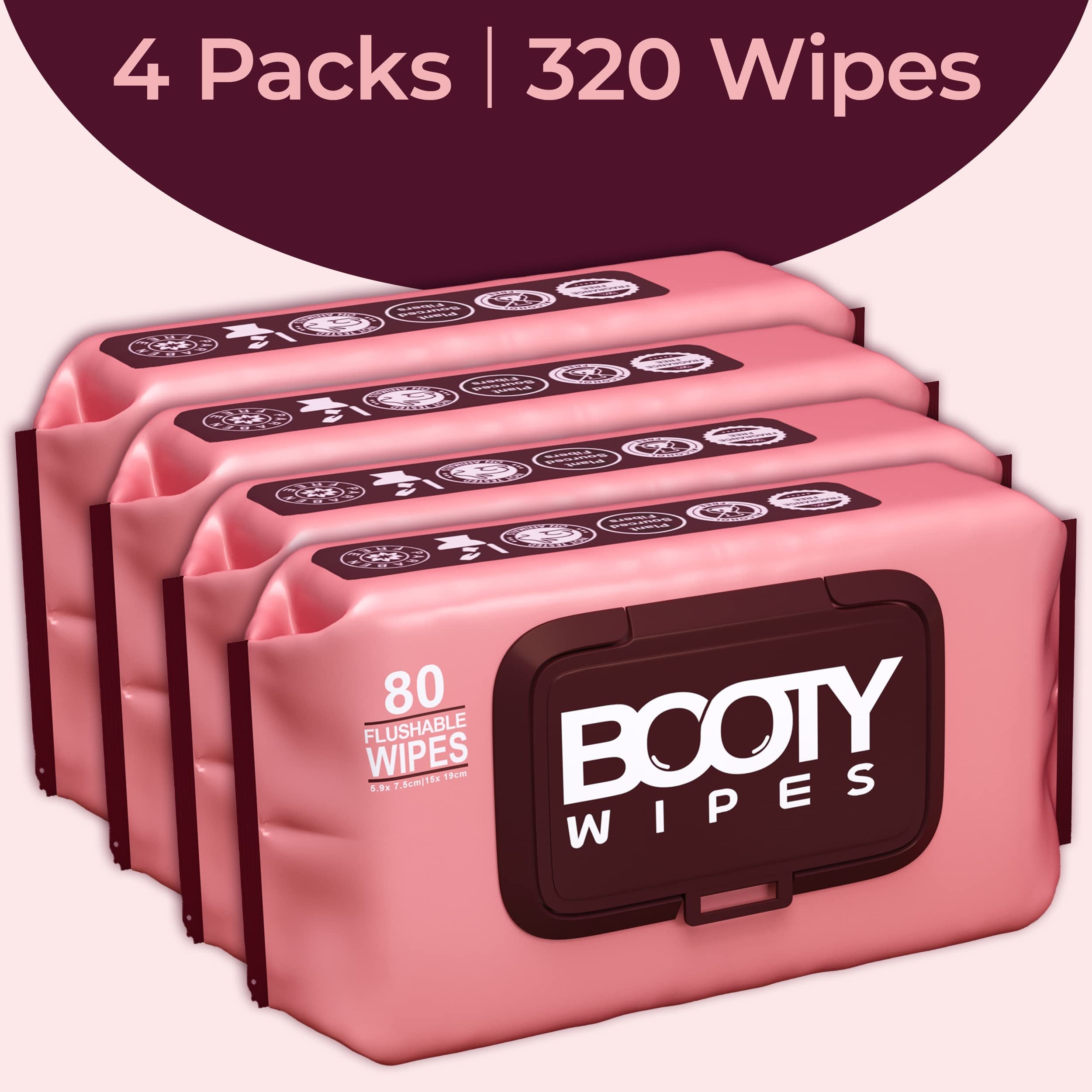 BOOTY WIPES - 80 Count (Pack of 4) Flushable Feminine Wet Wipes for Women | pH Balanced with Vitamin-E & Aloe | White