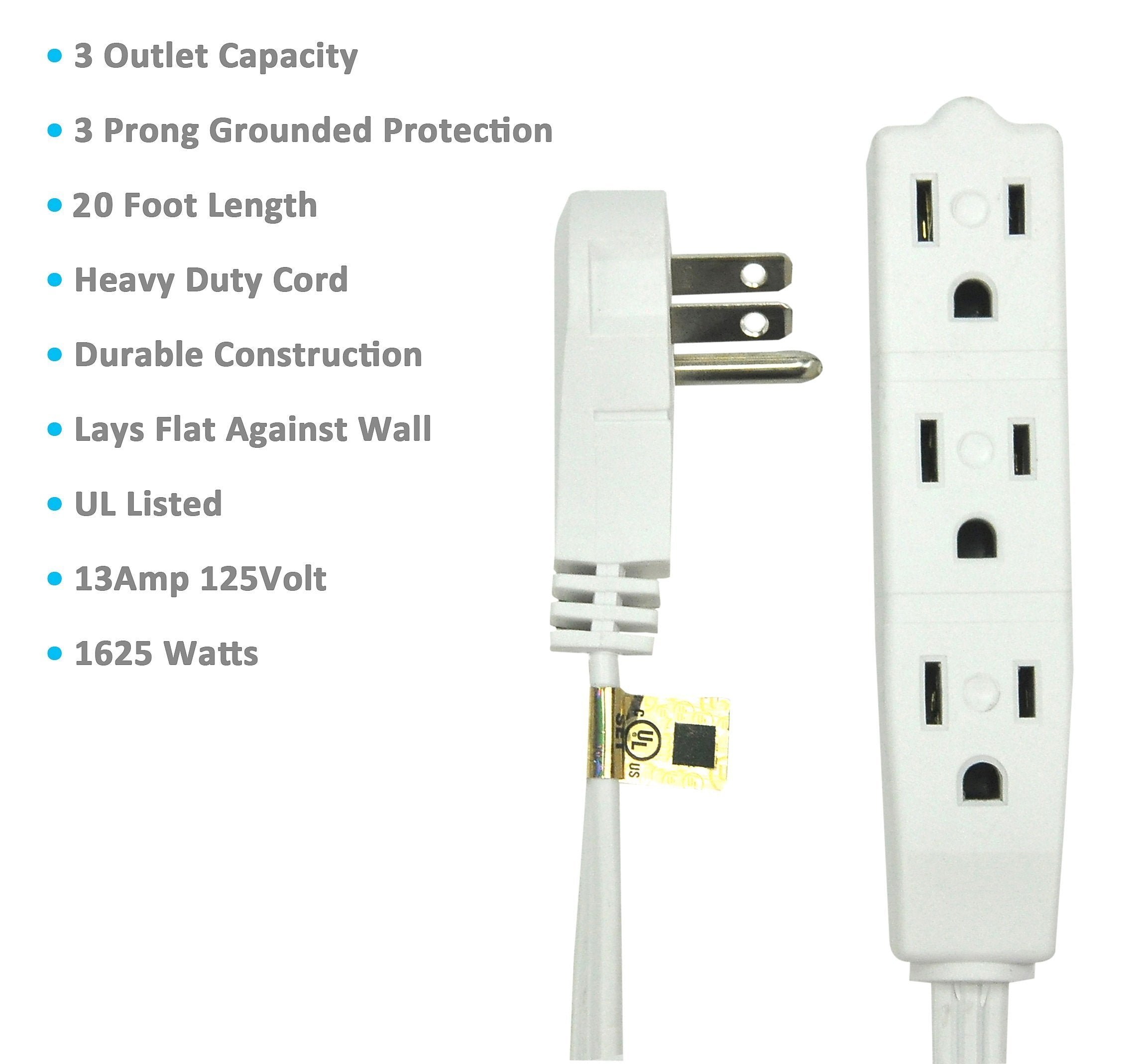 20FT Extension Cord 3 Outlets 3 Prong - White - BindMaster (3 Pack)