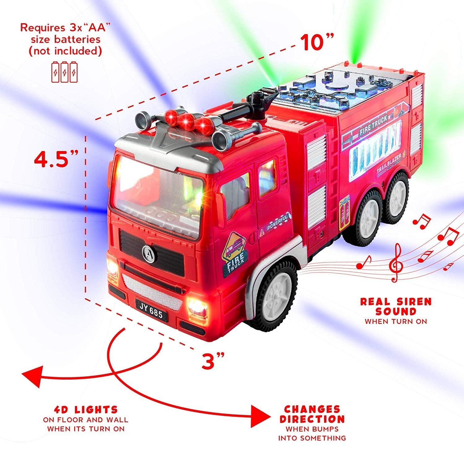 Red Electric Fire Truck Toy w/ Real Siren & Flashing Lights | Size X | Bump & Go | Free Ship & Returns